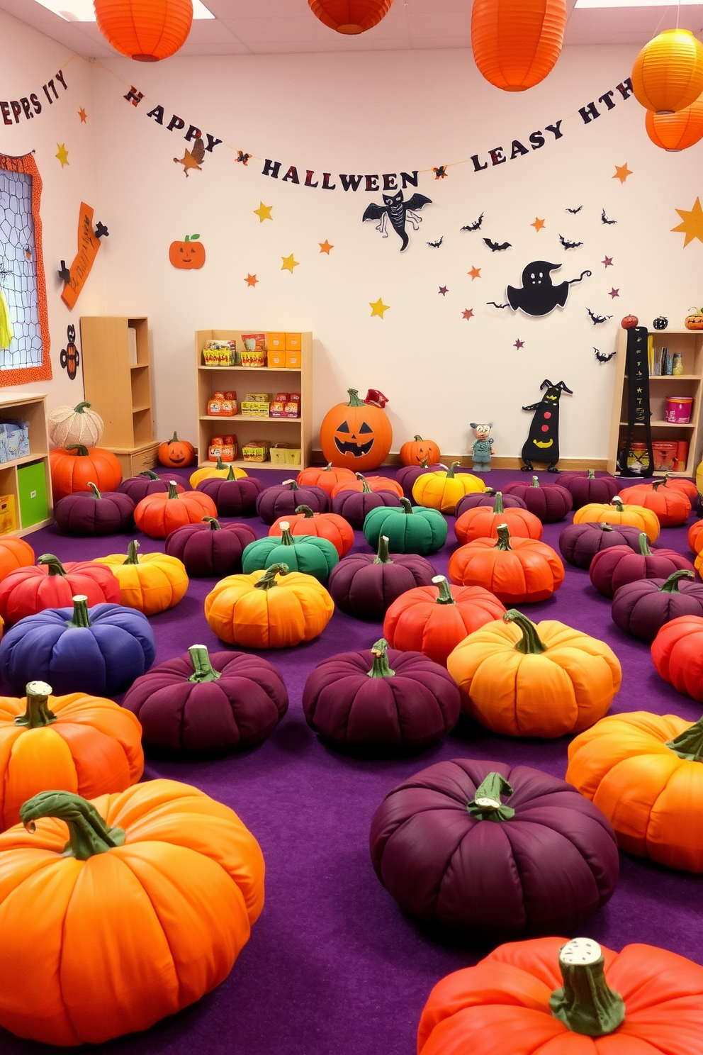 A vibrant playroom filled with colorful pumpkin cushions scattered across the soft floor. The walls are adorned with playful Halloween-themed decorations, creating a festive atmosphere for children to enjoy.