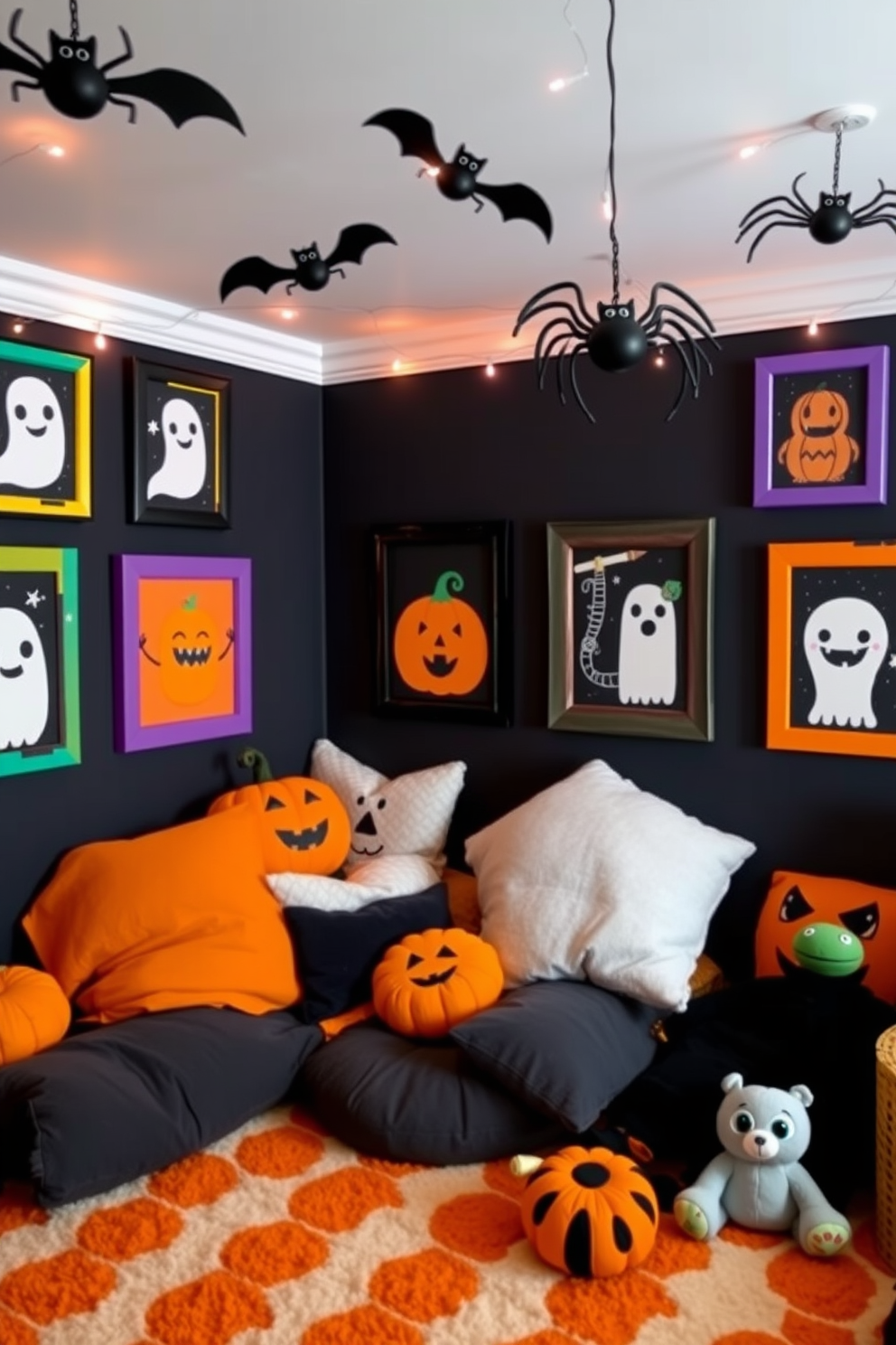 Creepy cute art prints adorn the walls of a whimsical Halloween-themed playroom. Each print features playful ghosts, smiling pumpkins, and friendly monsters, all framed in colorful, mismatched frames. The playroom is filled with cozy, oversized cushions and plush toys that invite imaginative play. String lights shaped like bats and spiders hang from the ceiling, adding a soft glow to the festive atmosphere.