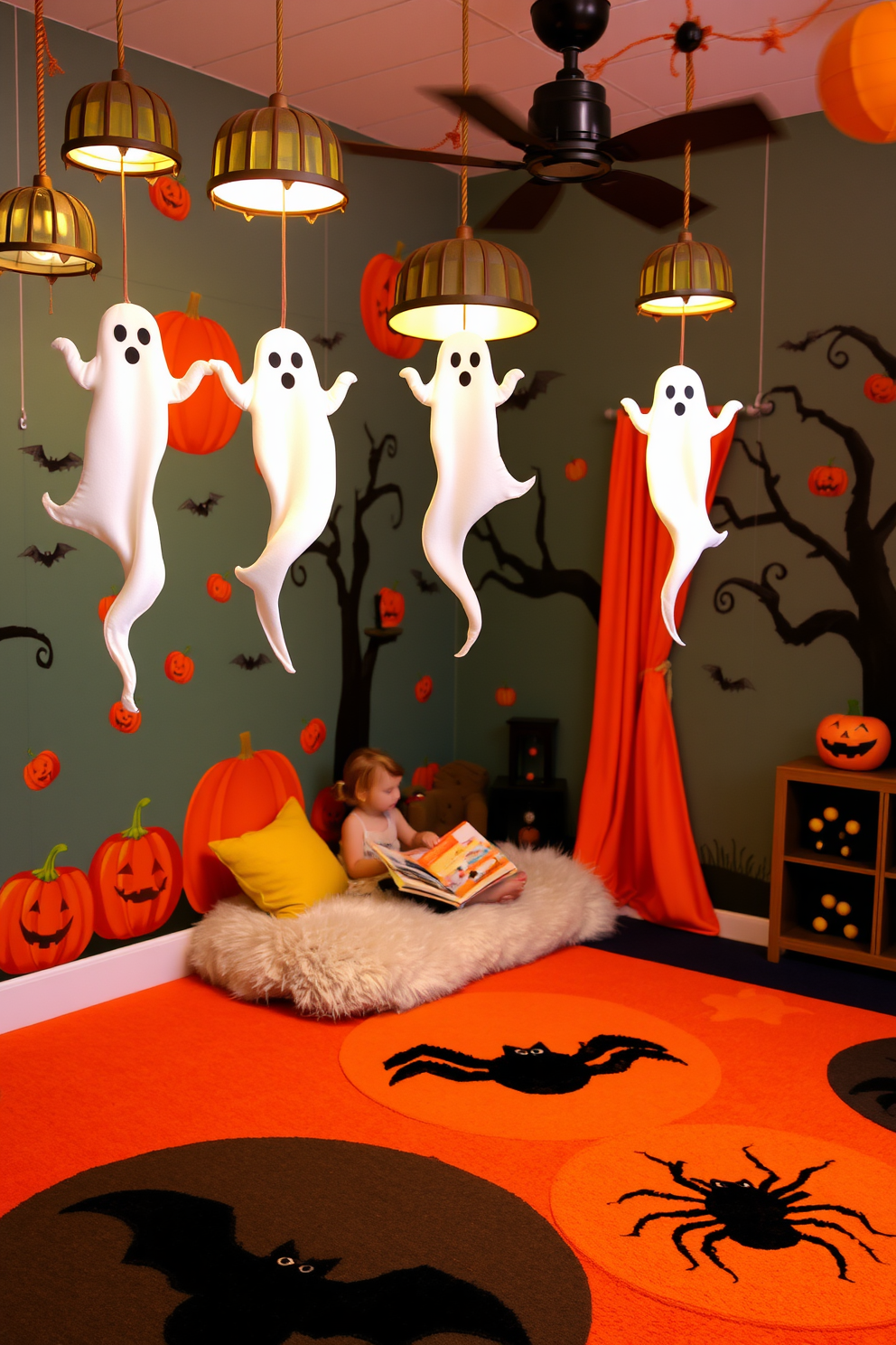 Hanging ghost decorations dangle from whimsical light fixtures in a vibrant Halloween-themed playroom. The walls are adorned with playful murals of pumpkins and spooky creatures, creating an enchanting atmosphere for children to enjoy. Colorful rugs in the shape of bats and spiders cover the floor, adding a fun touch to the space. A cozy reading nook with plush cushions invites kids to settle in with their favorite Halloween stories.