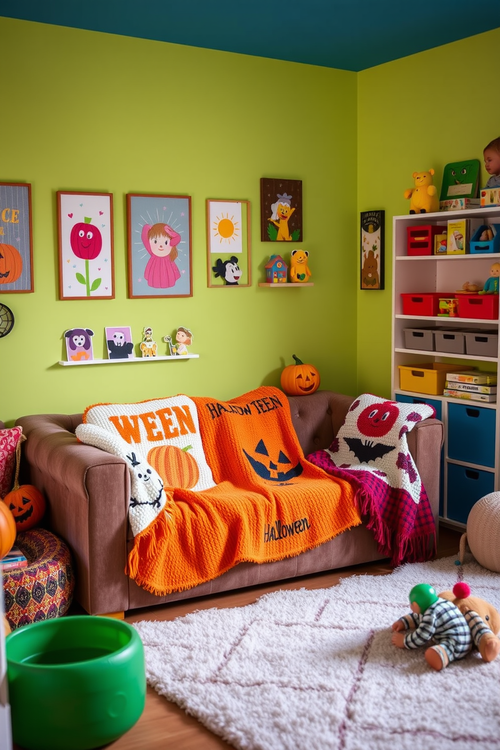 A cozy playroom filled with vibrant colors and playful decor. Plush seating is adorned with seasonal throw blankets featuring Halloween-themed patterns and colors. The walls are decorated with whimsical artwork and playful shelving filled with toys. Soft rugs cover the floor, providing a comfortable space for children to play and explore.