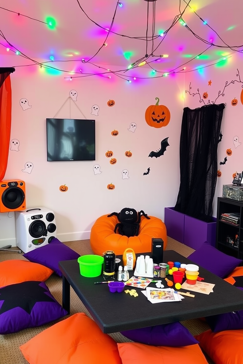 A whimsical Halloween playroom filled with interactive spooky sound machines. The walls are adorned with playful ghost and pumpkin decals, and colorful string lights hang from the ceiling. In one corner, a large plush spider sits atop a vibrant orange bean bag chair. A table is set up with craft supplies for making Halloween decorations, surrounded by cheerful black and purple cushions.