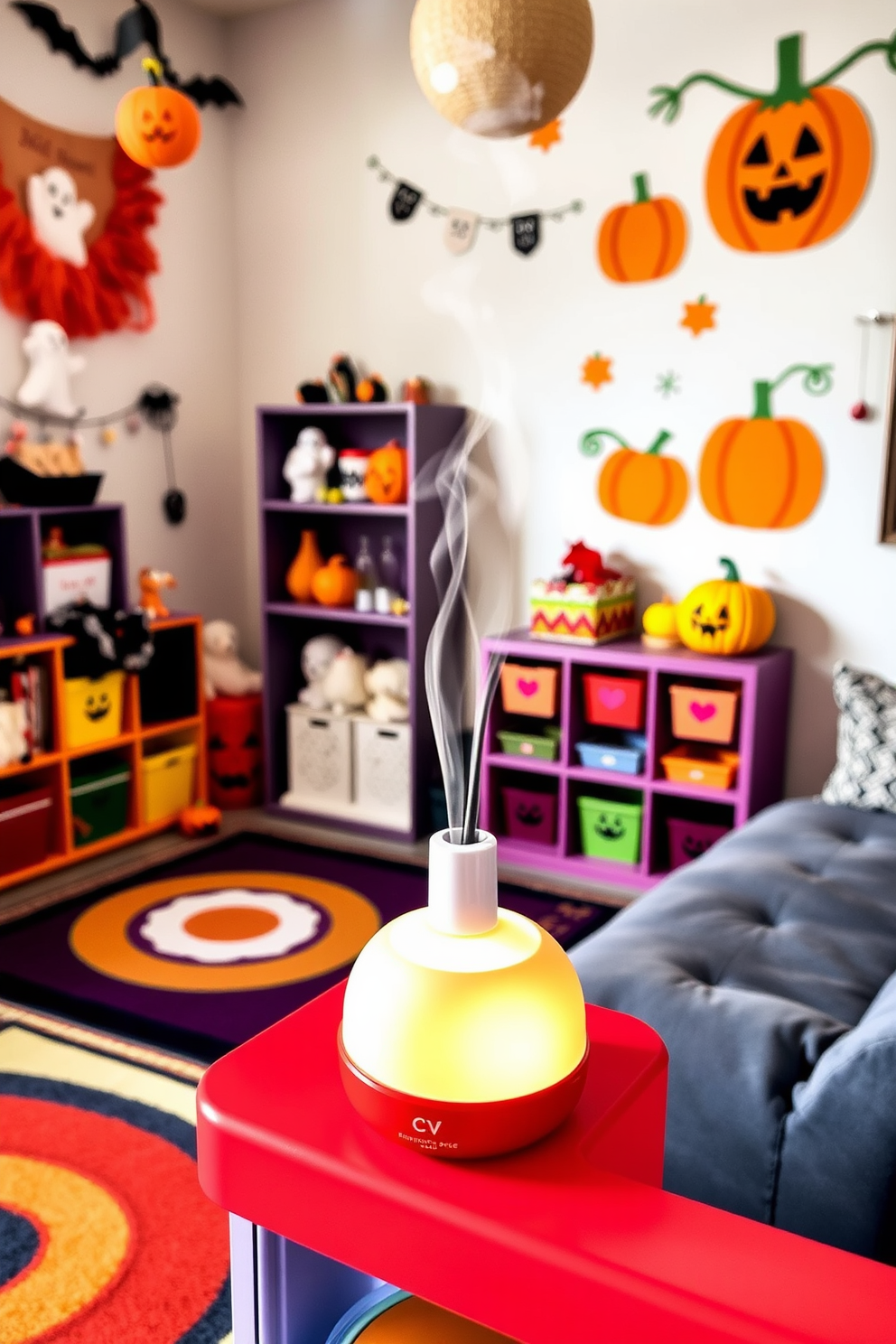 A cozy playroom filled with festive Halloween decorations. A pumpkin spice scent diffuser sits on a colorful shelf, filling the air with a warm, inviting aroma. Brightly colored rugs create a playful atmosphere, while whimsical wall art features friendly ghosts and pumpkins. Soft seating options invite children to relax and enjoy the seasonal decor.