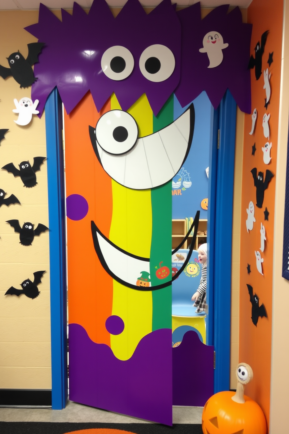 A playful playroom door designed to resemble a friendly monster for Halloween. The door features vibrant colors with large googly eyes and a wide, cheerful smile, inviting children to enter the fun space beyond. The surrounding walls are adorned with whimsical Halloween-themed decorations, including hanging bats and playful ghosts. Inside the playroom, cozy seating and colorful rugs create a welcoming atmosphere for imaginative play.