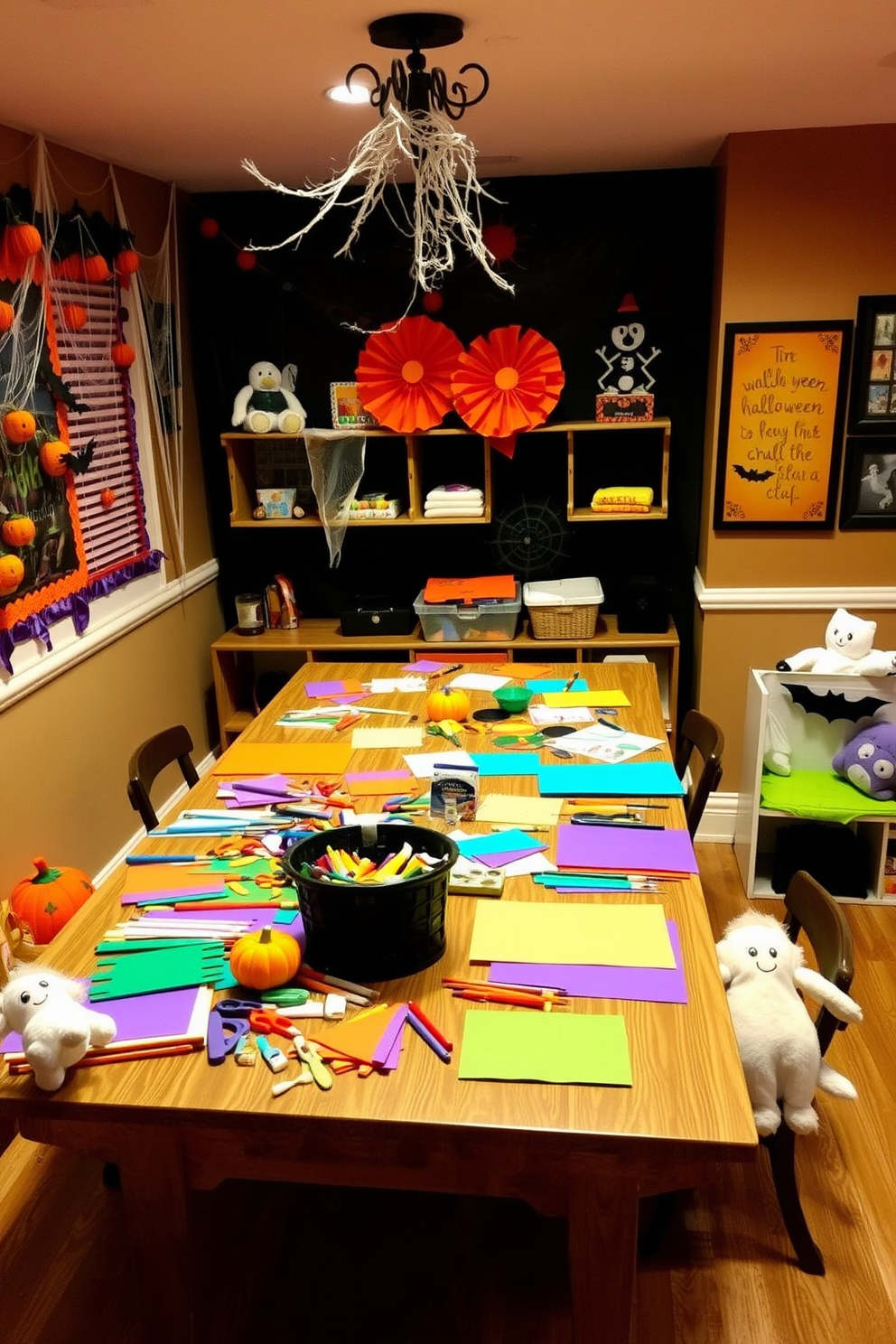 A cozy craft station for Halloween-themed projects featuring a large wooden table covered in colorful craft supplies. Spooky decorations like mini pumpkins and cobwebs adorn the walls, creating an inviting atmosphere for creativity. A playful Halloween playroom decorated with vibrant orange and purple accents. Plush toys in the shape of ghosts and bats are scattered around, while themed artwork hangs on the walls to inspire festive fun.