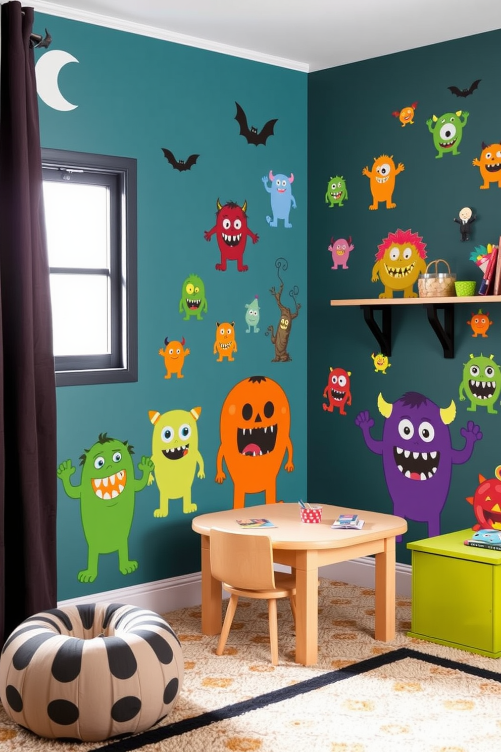 Create a playful and vibrant Halloween-themed playroom filled with wall stickers of friendly monsters. The walls are adorned with colorful monster designs that bring a sense of fun and imagination to the space.