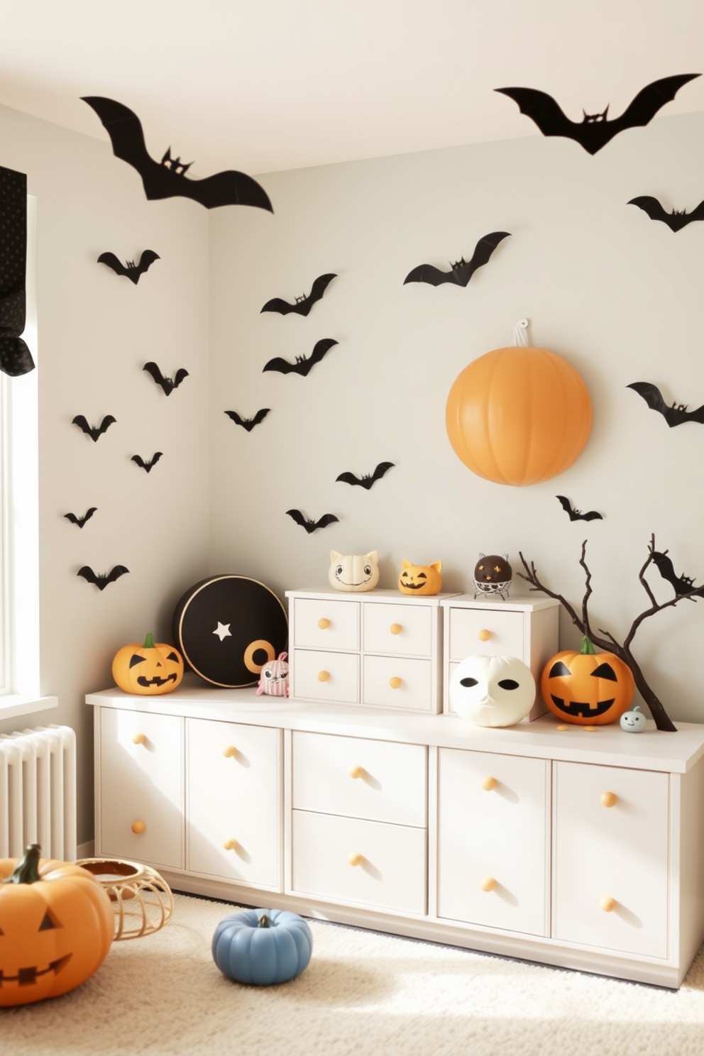 A whimsical Halloween playroom adorned with pastel bats flying across the walls. The playful decor features soft, muted tones that create a fun and inviting atmosphere for children.