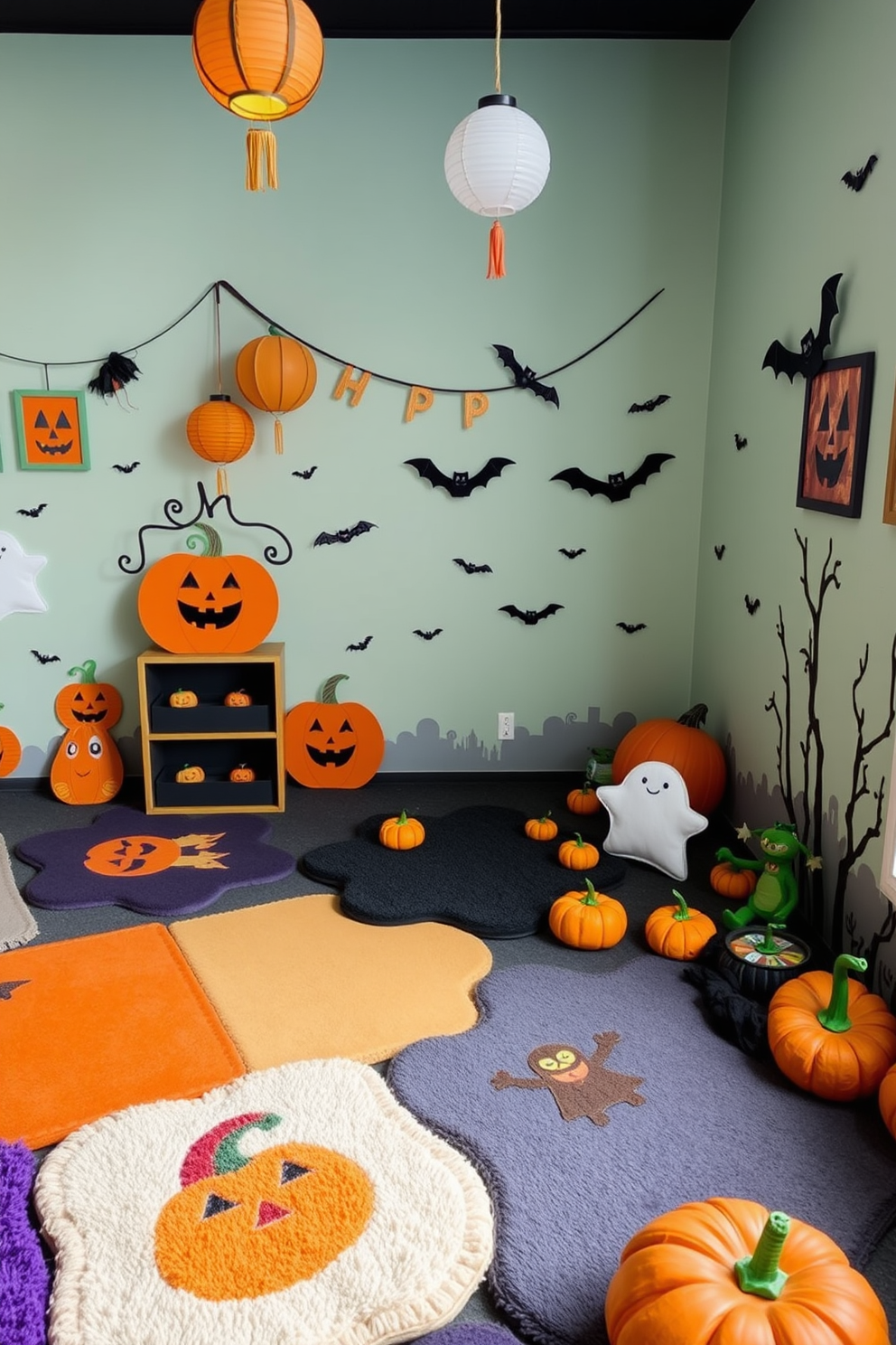 A whimsical Halloween-themed playroom filled with colorful play mats featuring pumpkins, ghosts, and bats. The walls are adorned with cheerful Halloween decorations, including paper lanterns and playful artwork. Soft, plush play mats in various shapes create a cozy area for kids to play and explore. A corner is dedicated to a mini pumpkin patch with small, decorative pumpkins and friendly monster toys.