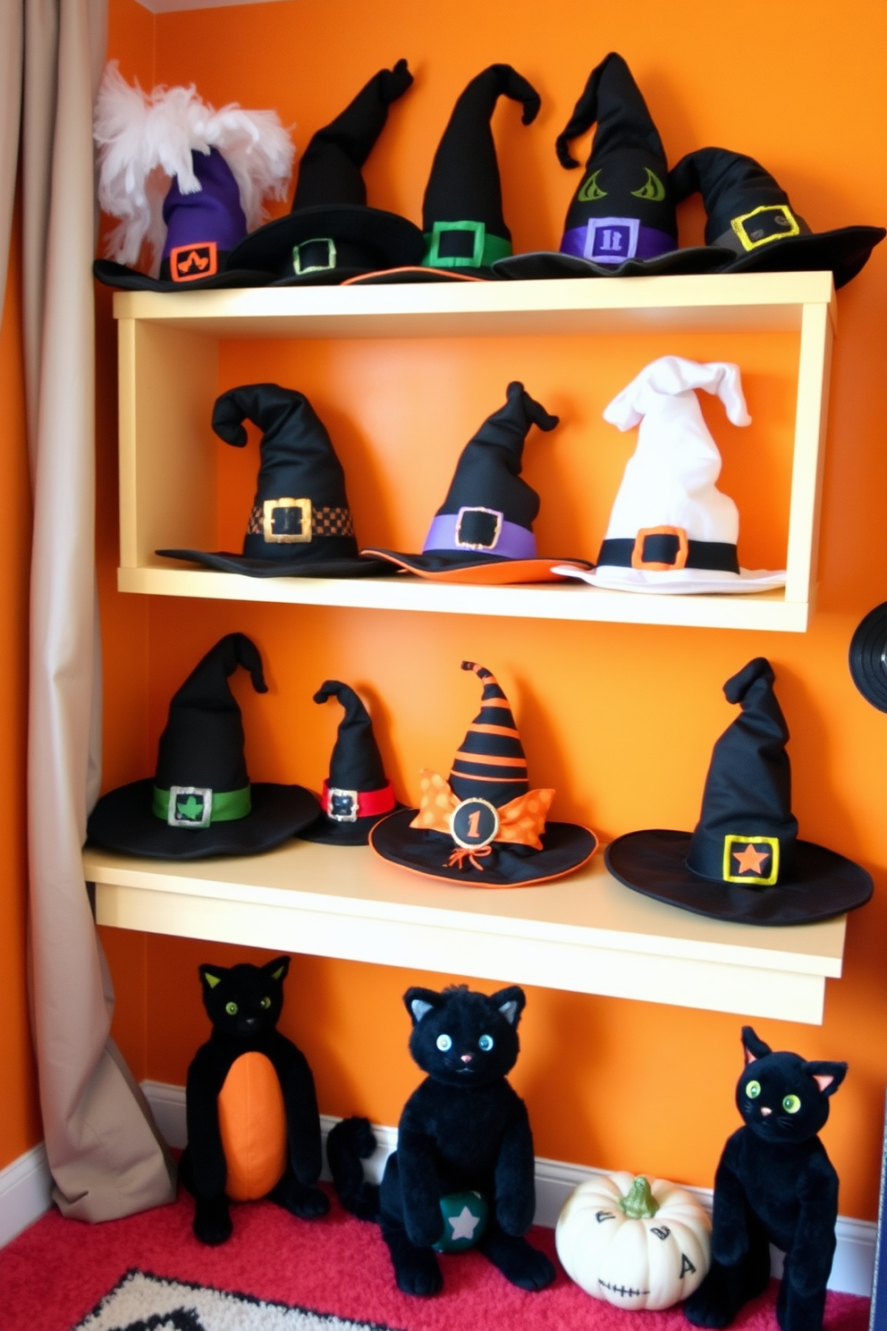 A whimsical Halloween playroom features shelves adorned with various witch hats in different styles and colors. The walls are painted in a playful orange hue, and plush black cats and pumpkins add to the festive atmosphere.