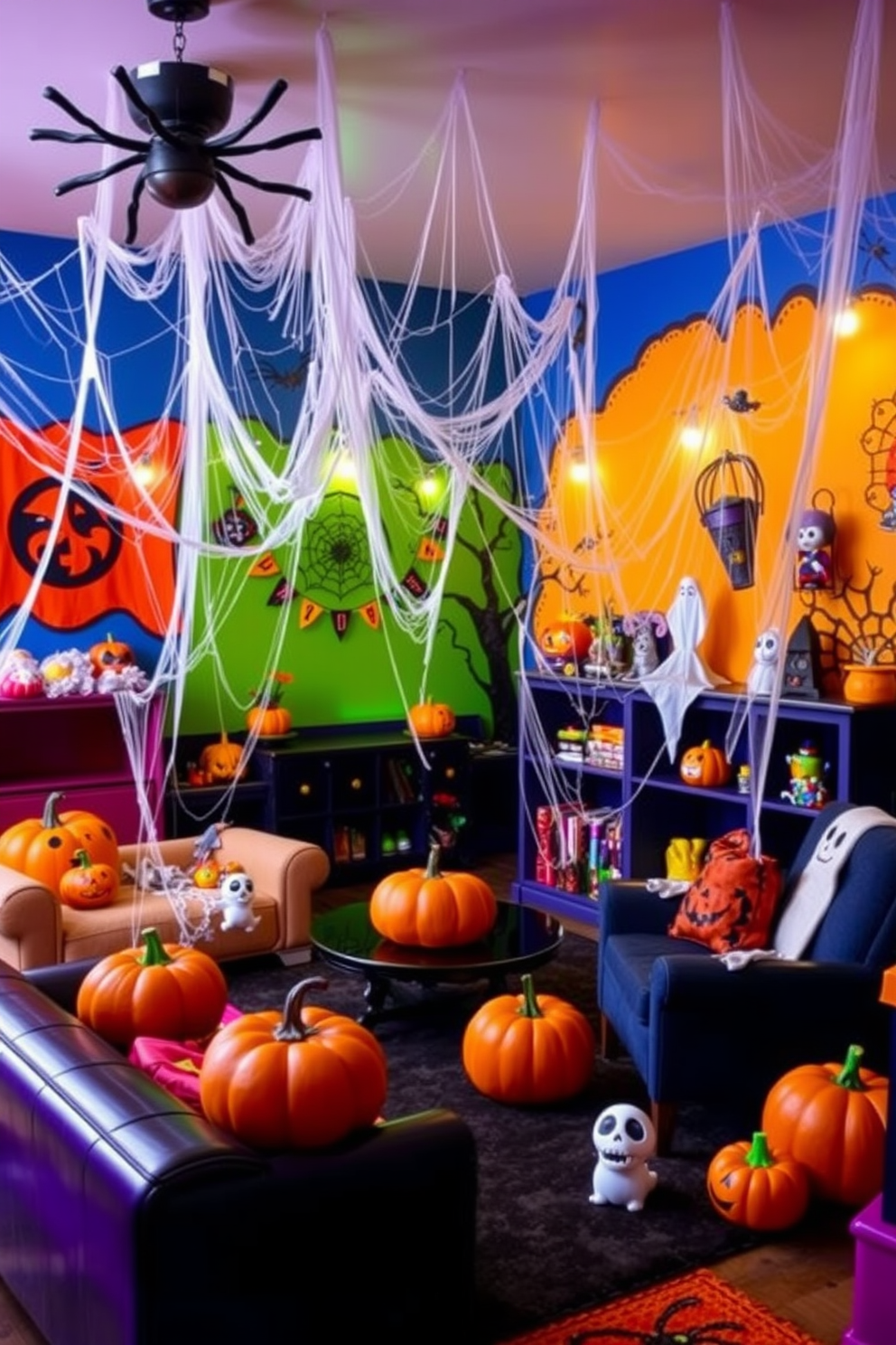 A whimsical Halloween playroom filled with vibrant colors and playful decorations. Spiderwebs draped over furniture create an enchanting atmosphere, while colorful pumpkins and ghostly figures add a festive touch.