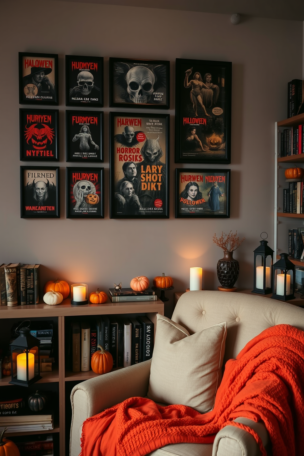 A spooky book-themed wall art display featuring an array of vintage horror book covers framed in black. The artwork is arranged in a gallery style, with dim lighting highlighting the eerie illustrations and creating a haunting atmosphere. A cozy Halloween reading nook with a plush armchair draped in a soft, orange throw blanket. Surrounding the nook are shelves filled with spooky books, decorative pumpkins, and flickering candle lanterns to enhance the seasonal charm.