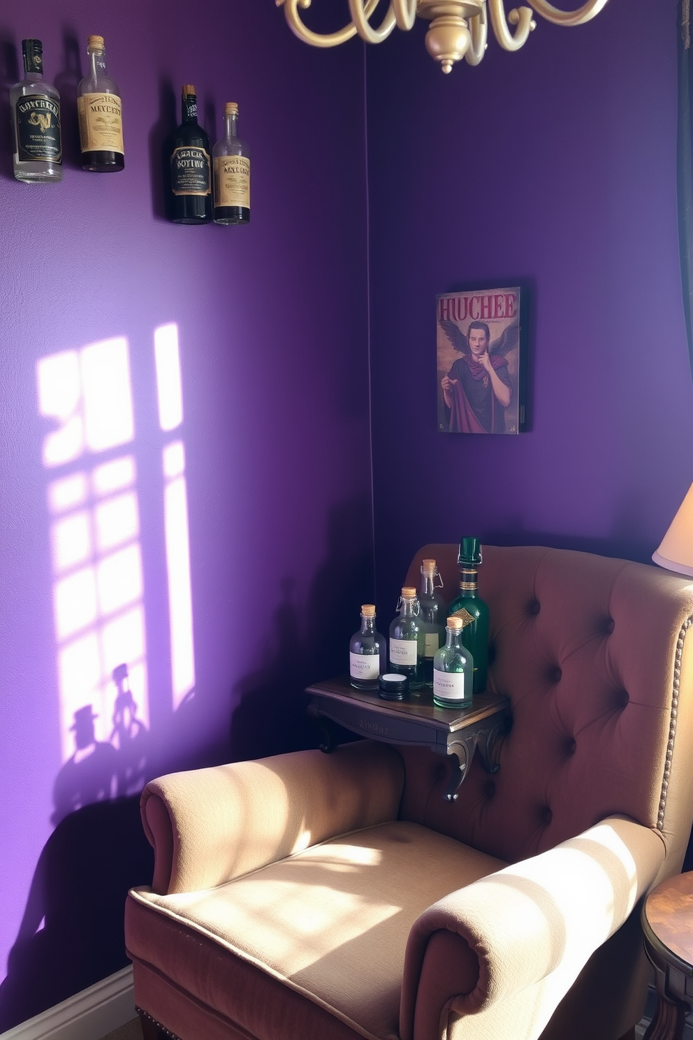 A cozy reading nook adorned with mysterious potion bottles as decor. The walls are painted in deep purple, and a plush armchair is nestled in the corner next to a small wooden side table. On the table, an array of vintage potion bottles in various shapes and sizes catch the eye. Soft lighting from a nearby lamp casts enchanting shadows, creating a magical atmosphere perfect for reading.