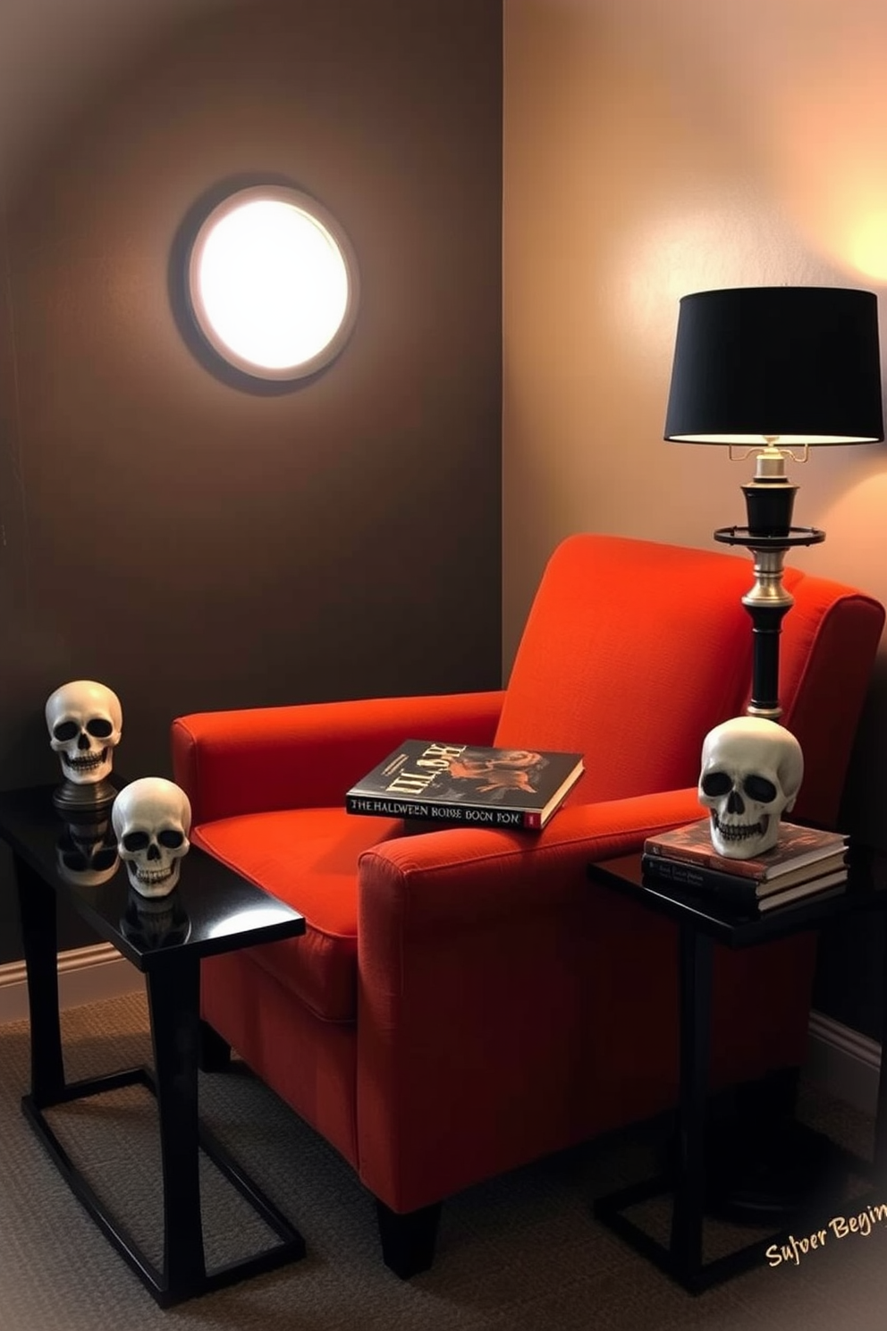 A cozy Halloween reading nook features a plush armchair upholstered in deep orange fabric. On either side of the chair, decorative skulls rest on sleek black side tables, adding a spooky yet stylish touch. The nook is illuminated by a warm, ambient light from a vintage-style lamp with a black shade. A stack of Halloween-themed books is placed on the side tables, inviting readers to enjoy seasonal stories.