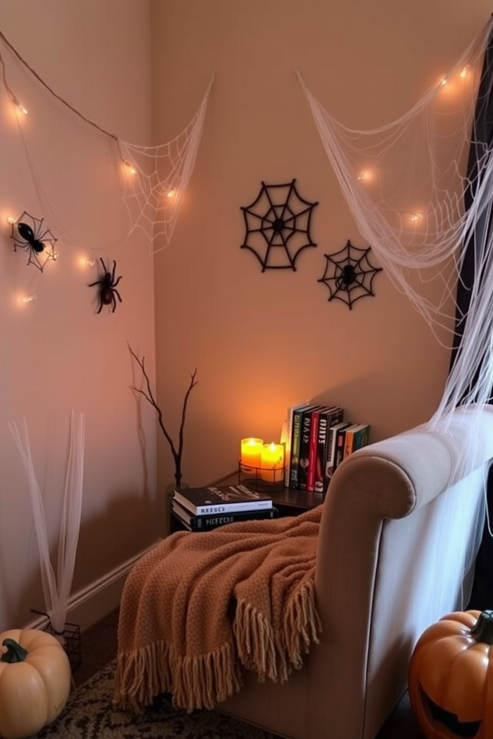 A cozy reading nook decorated for Halloween features a plush armchair draped with a soft blanket. In the corners, faux spider webs hang delicately, adding a whimsical touch to the warm ambiance. A small side table holds an assortment of seasonal books and a glowing pumpkin candle. Soft, ambient lighting creates an inviting atmosphere perfect for enjoying spooky stories on chilly autumn evenings.