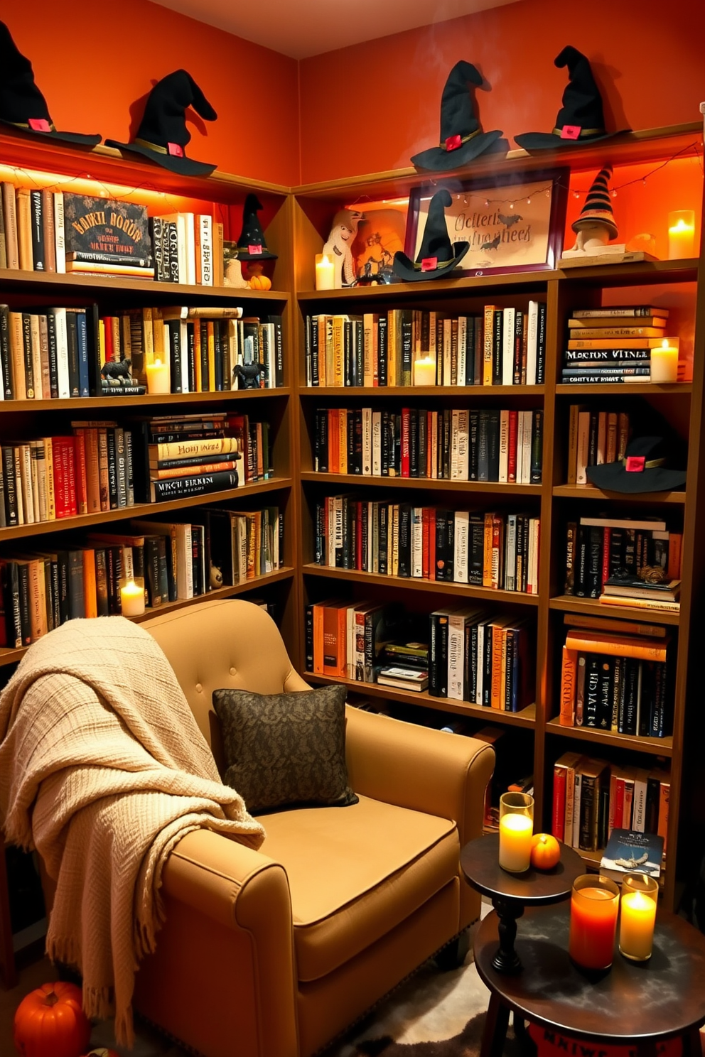 A cozy reading nook adorned with witch hat decorations on the bookshelves. The shelves are filled with an eclectic mix of books and spooky decor, creating a whimsical atmosphere perfect for Halloween. A plush armchair sits in the corner, draped with a soft blanket and surrounded by flickering candles. The walls are painted in deep orange, and a small table holds a steaming cup of cider, inviting relaxation and festive spirit.