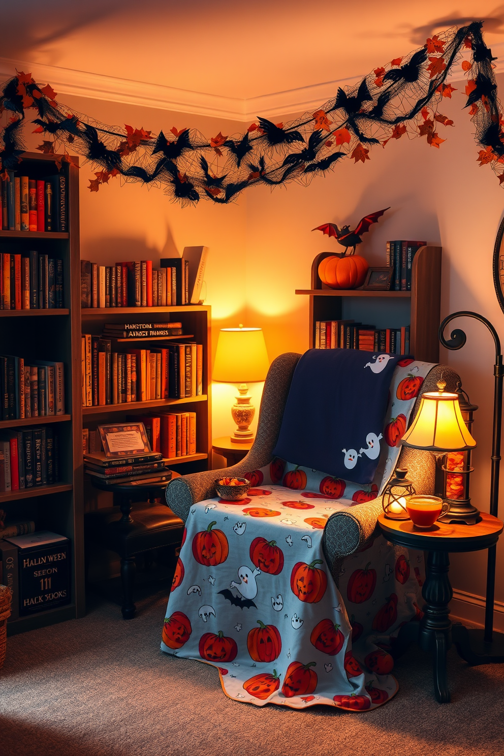 A charming Halloween-themed reading nook features a cozy armchair draped with a spooky tablecloth adorned with pumpkins and ghosts. The nook is illuminated by soft, warm lighting from a nearby lamp, creating an inviting atmosphere perfect for enjoying seasonal stories. Surrounding the chair are shelves filled with classic Halloween-themed books, while a small side table holds a steaming cup of cider and a decorative bowl of candy. A whimsical garland of bats and autumn leaves hangs above, adding a festive touch to the space.