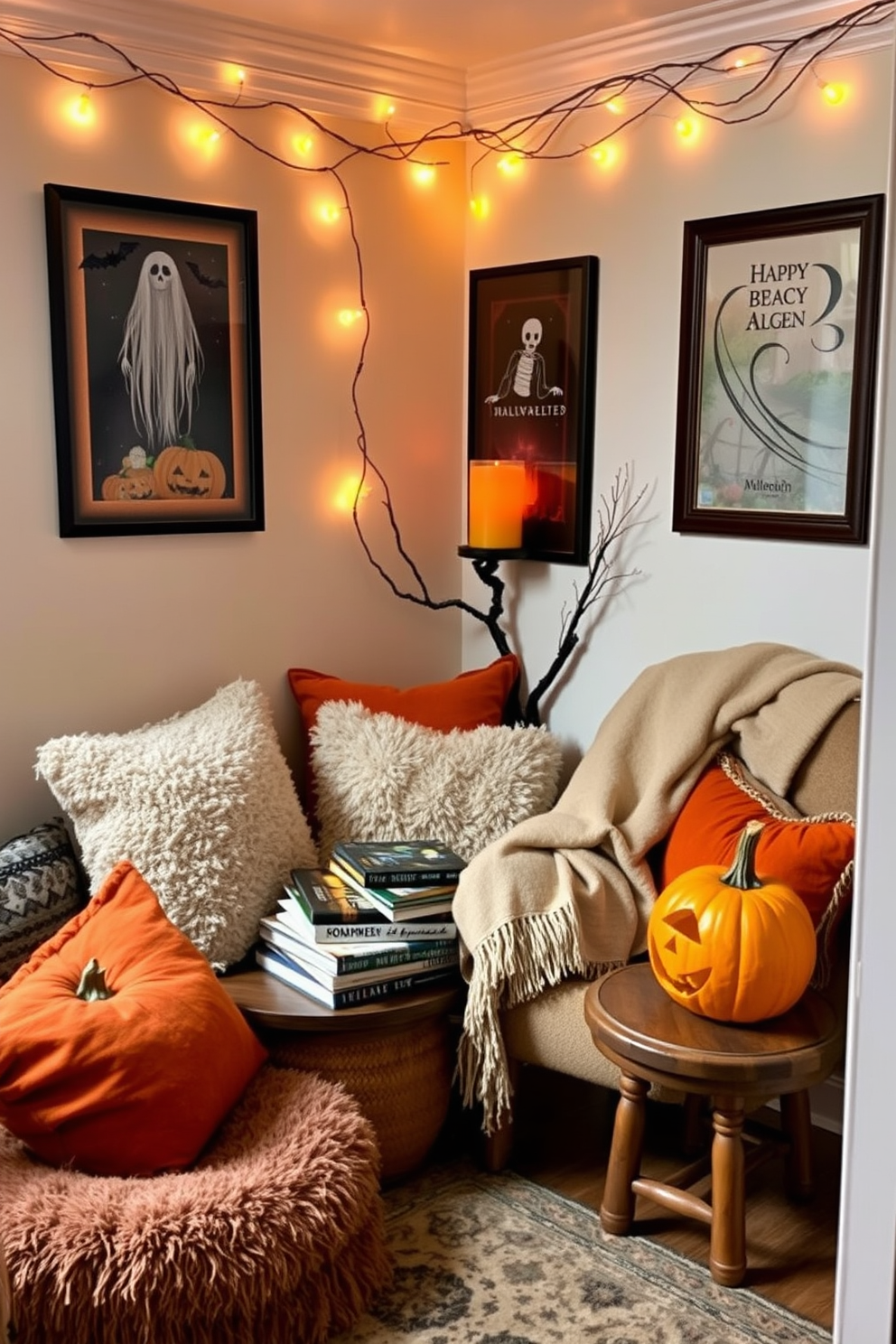 A cozy reading nook adorned with seasonal scents featuring pumpkin candles. The space is filled with plush cushions in warm autumn colors, and a soft throw blanket drapes over a comfortable armchair. A small wooden side table holds a collection of Halloween-themed books, while a carved pumpkin adds a festive touch. The walls are decorated with spooky artwork, and fairy lights create a warm, inviting glow in the corner.