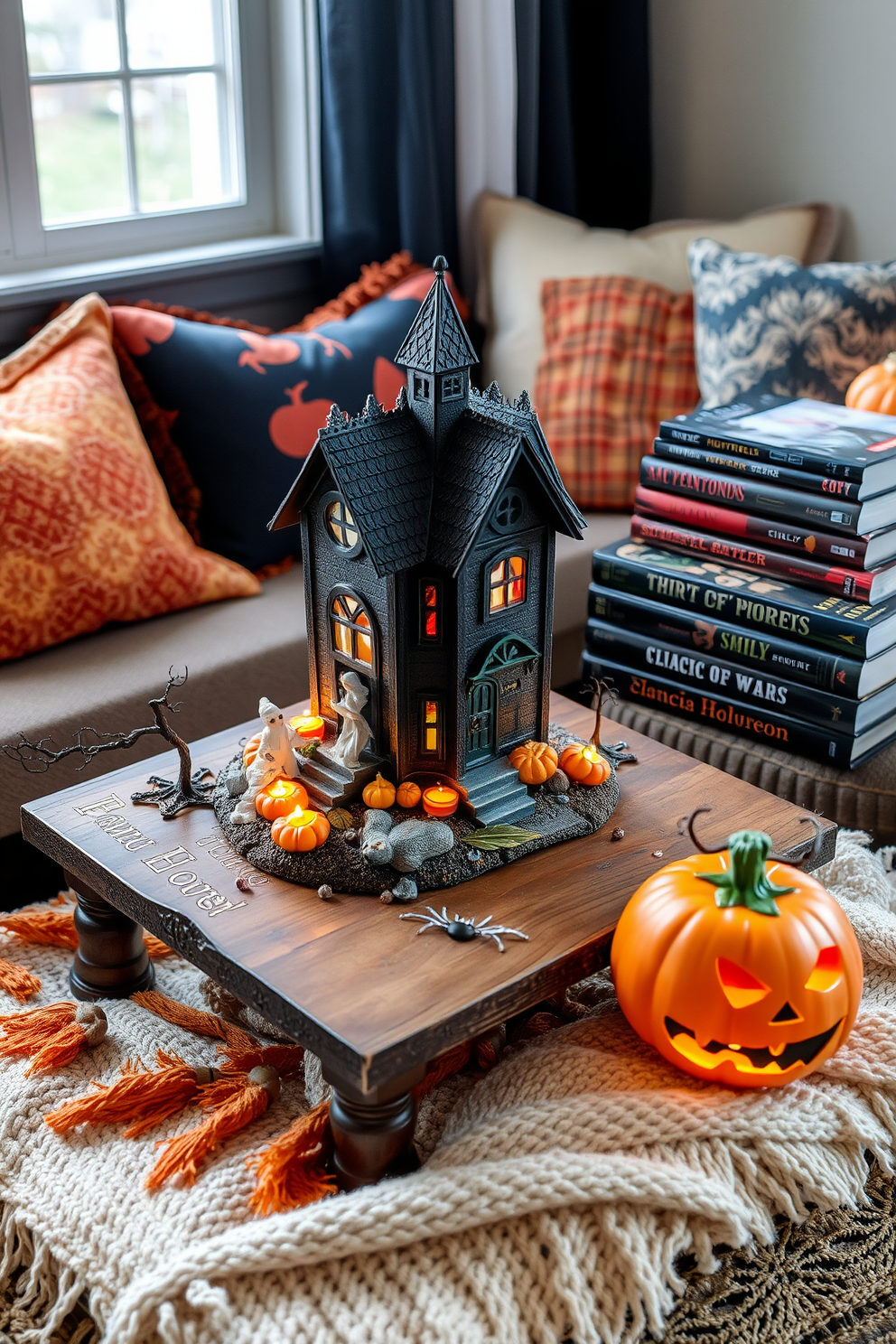 A charming miniature haunted house centerpiece is creatively arranged on a rustic wooden table. The house features intricate details like tiny ghosts and pumpkins, surrounded by flickering LED candles for a spooky ambiance. The Halloween reading nook is designed with cozy elements to invite relaxation. Plush cushions in autumn colors are scattered on a soft throw blanket, while a stack of classic horror novels rests beside a glowing jack-o'-lantern.