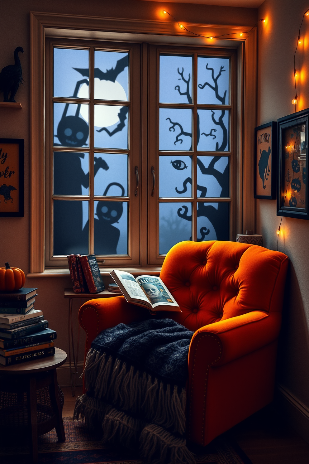 A cozy Halloween reading nook with a plush armchair in deep orange fabric. Soft lighting casts spooky silhouettes on the window panes, while a small side table holds a stack of classic horror novels. The walls are adorned with whimsical Halloween-themed artwork and a string of fairy lights adds a warm glow. A plush throw blanket drapes over the armchair, inviting you to settle in with a good book as shadows dance around the room.