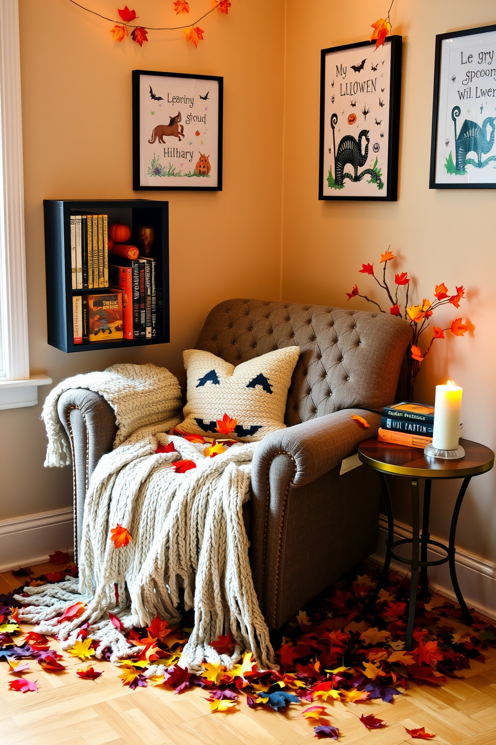 A cozy reading nook decorated for Halloween. Colorful autumn leaves are scattered around a plush armchair, which is draped with a soft, knitted blanket. A small side table holds a stack of spooky-themed books and a flickering candle. The walls are adorned with whimsical Halloween artwork, creating a warm and inviting atmosphere.