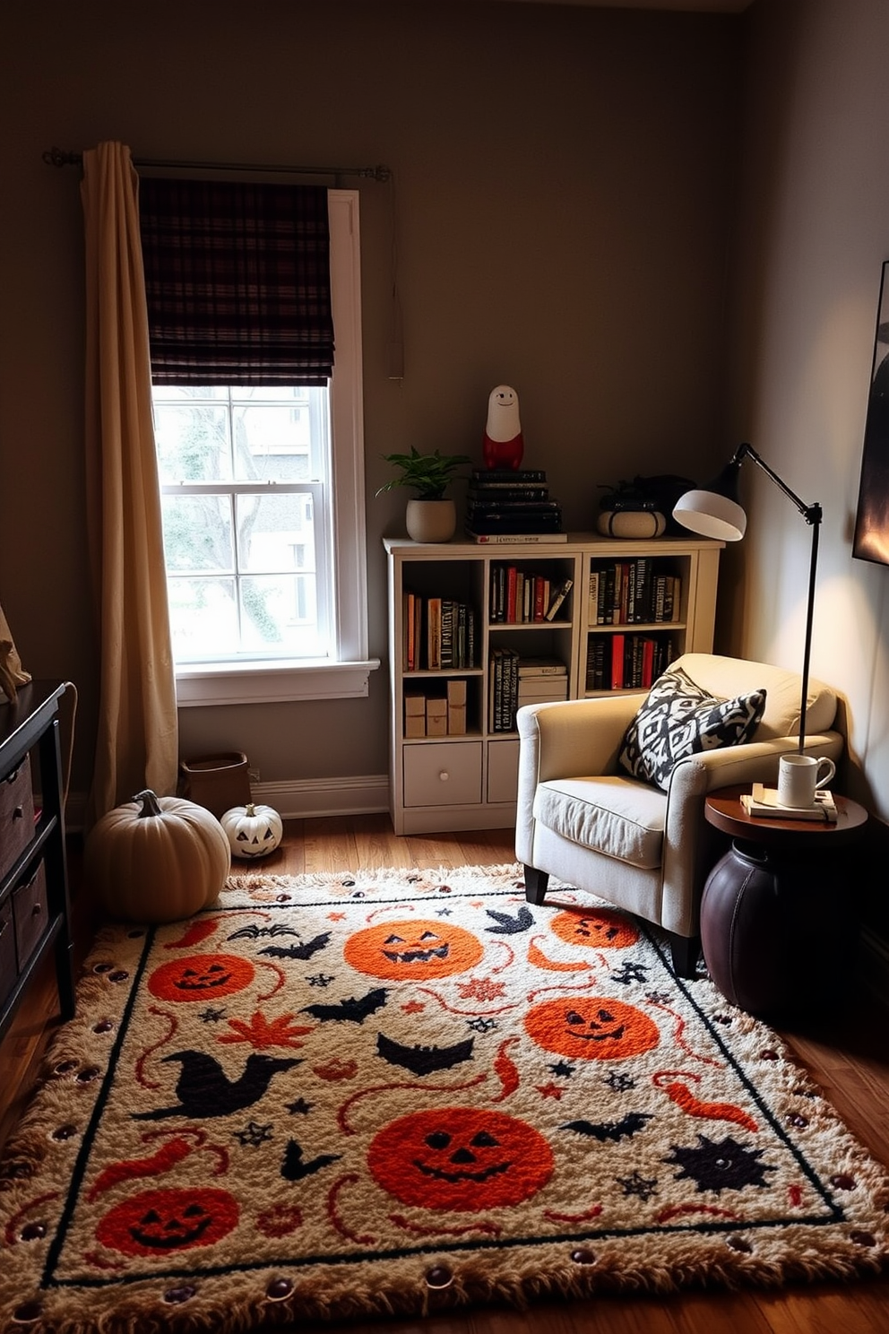 A cozy reading nook adorned with a plush rug featuring whimsical Halloween motifs. The nook is filled with a comfortable armchair, a small bookshelf overflowing with spooky stories, and soft lighting that creates a warm ambiance.