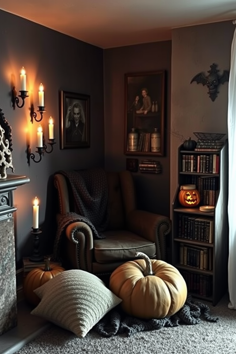 A creepy candlelit corner with flickering candles casting eerie shadows on the walls. An old, tattered armchair sits in the corner, draped with a dark, textured throw and surrounded by a collection of antique books. A Halloween reading nook featuring a small bookshelf filled with spooky stories. A plush, oversized pillow and a cozy blanket invite you to settle in while a carved pumpkin adds a festive touch.