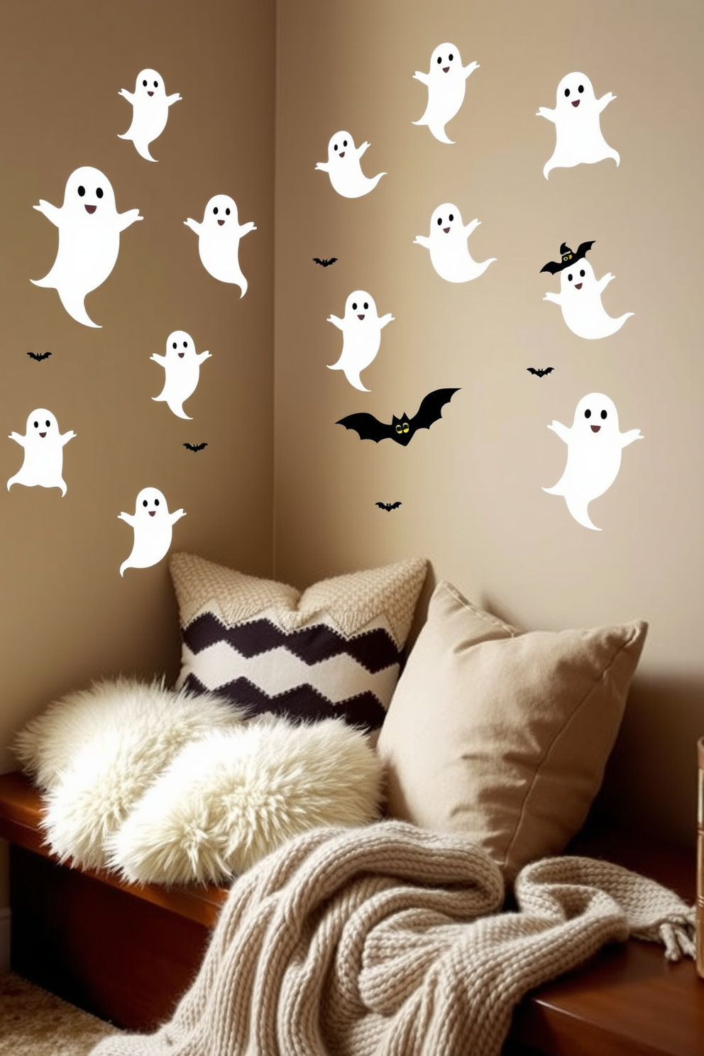 Creative wall decals featuring ghosts create a whimsical atmosphere perfect for Halloween. The decals are designed in various sizes and styles, showcasing playful ghost figures that float across the walls. A cozy reading nook is adorned with plush cushions and a soft throw blanket. The nook is illuminated by warm lighting, creating an inviting space to curl up with a good book.