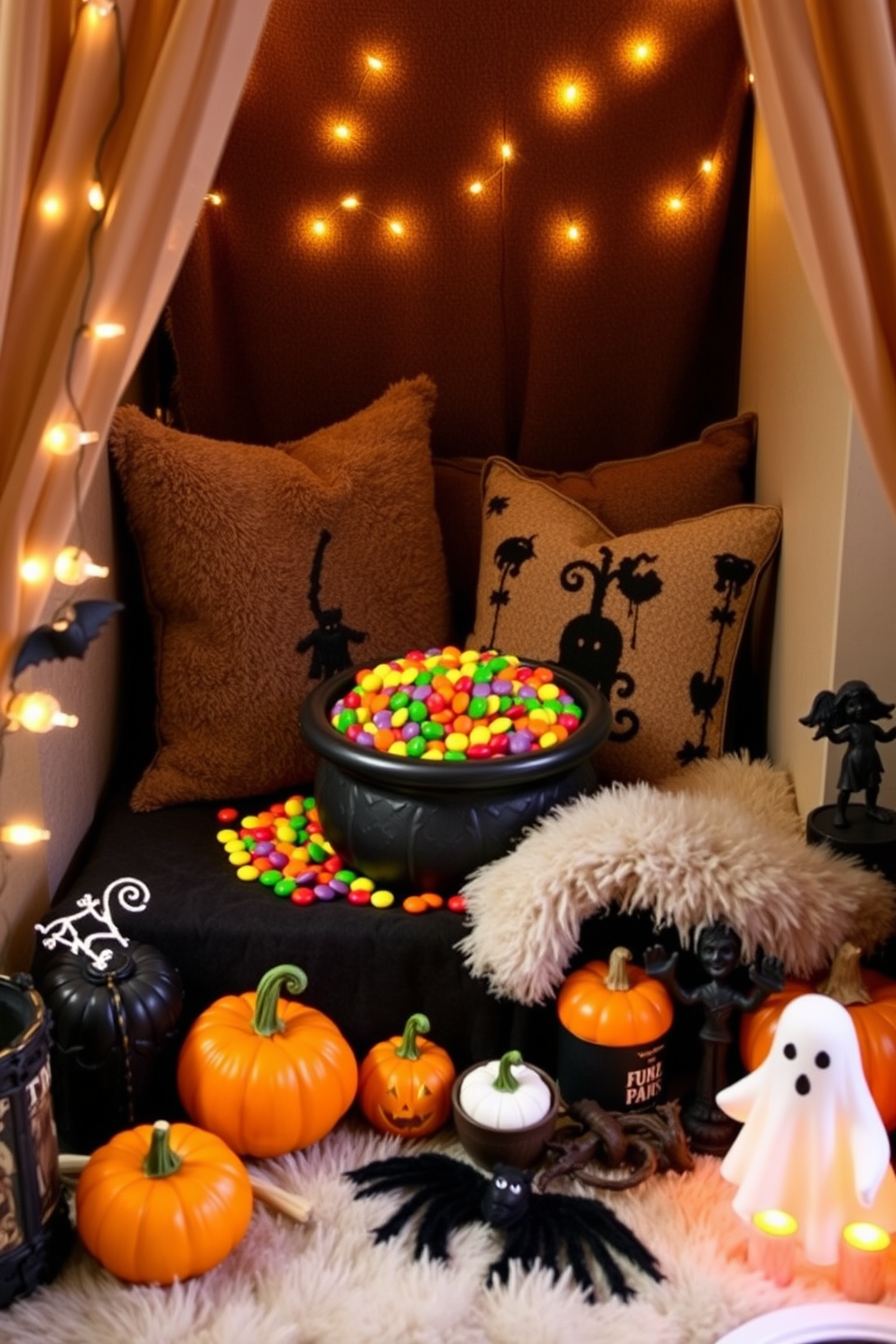 Charming cauldron filled with treats. The cauldron is surrounded by colorful candies and spooky decorations, creating a festive atmosphere for Halloween. Halloween reading nook decorating ideas. The nook features plush cushions and a cozy throw blanket, illuminated by soft fairy lights and adorned with themed decor like pumpkins and ghostly figures.