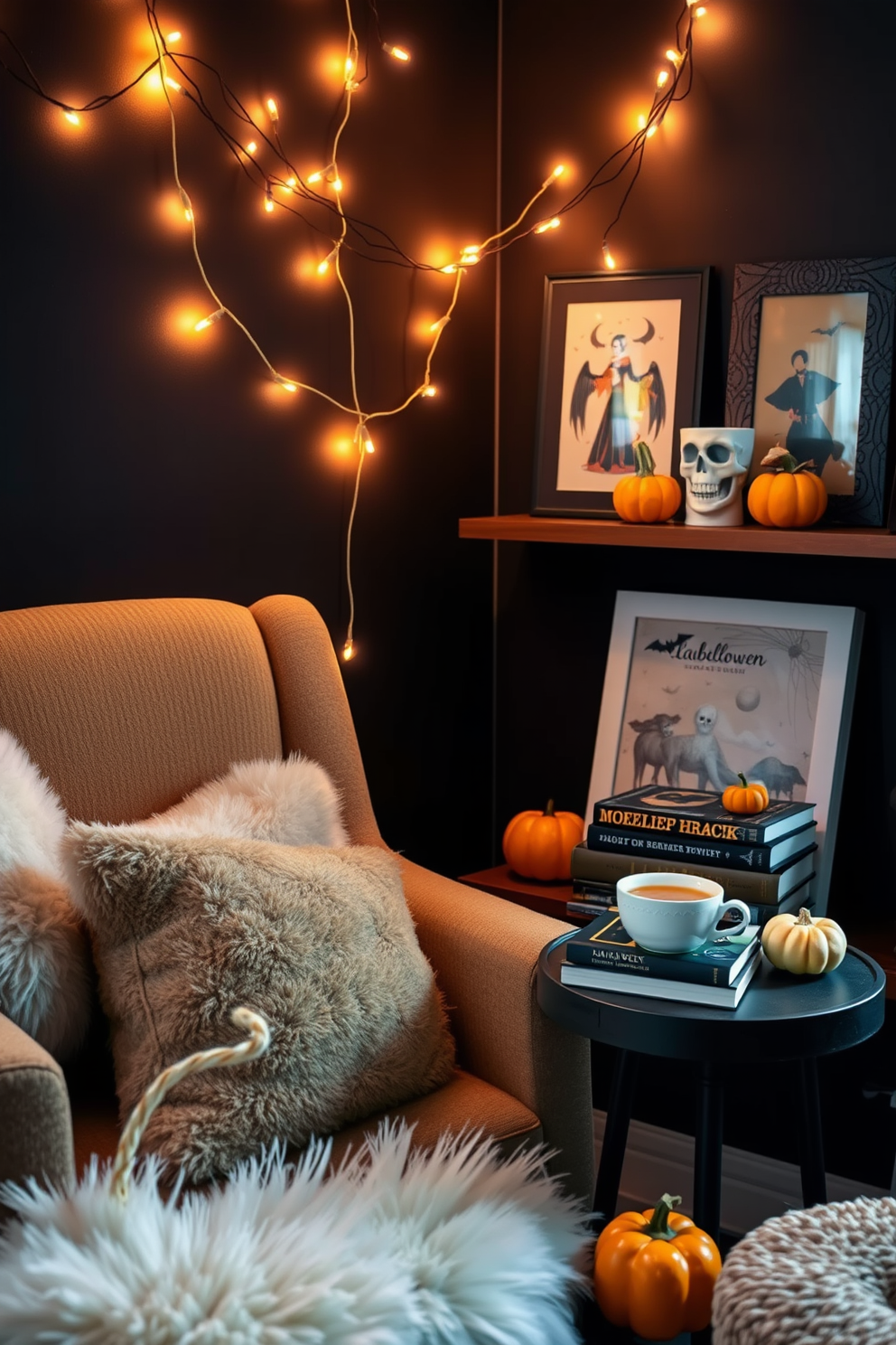 A cozy reading nook adorned with soft lighting from string fairy lights creates a warm and inviting atmosphere. Plush cushions are scattered across a comfortable armchair, while a small side table holds a stack of seasonal books and a steaming cup of tea. The nook features a backdrop of rich, dark colors that evoke the spirit of Halloween. Decorative elements such as miniature pumpkins and spooky-themed artwork enhance the seasonal charm, making it the perfect spot for curling up with a good book.