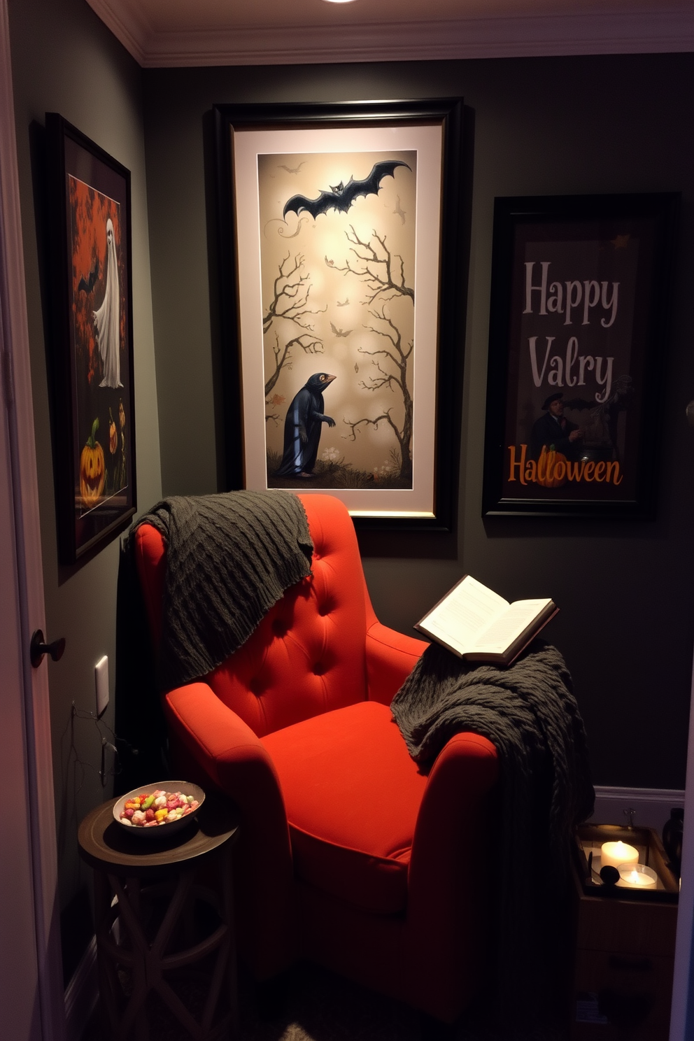 A cozy reading nook adorned for Halloween. The walls are decorated with eerie artwork featuring ghostly figures and autumnal themes, while a plush armchair in deep orange invites you to curl up with a good book. A small side table holds a flickering candle and a bowl of candy. Soft, dim lighting creates a warm atmosphere, and a knitted throw blanket drapes over the armchair, adding to the inviting yet spooky ambiance.