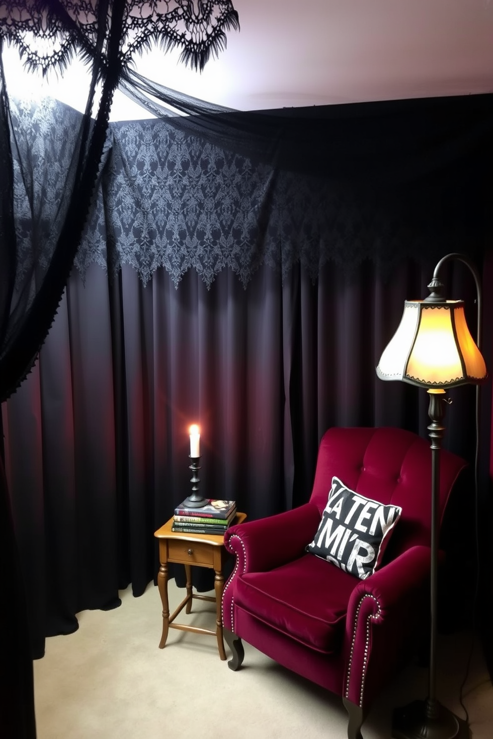 A cozy reading nook adorned with black lace curtains that cascade elegantly from the ceiling, creating a dramatic ambiance. A plush armchair in deep burgundy sits beside a small wooden side table, holding a stack of classic horror novels and a flickering candle for a touch of warmth. The walls are painted in a rich, dark shade, enhancing the mysterious vibe of the space. A vintage floor lamp with an ornate shade stands in the corner, providing soft lighting for late-night reading sessions.