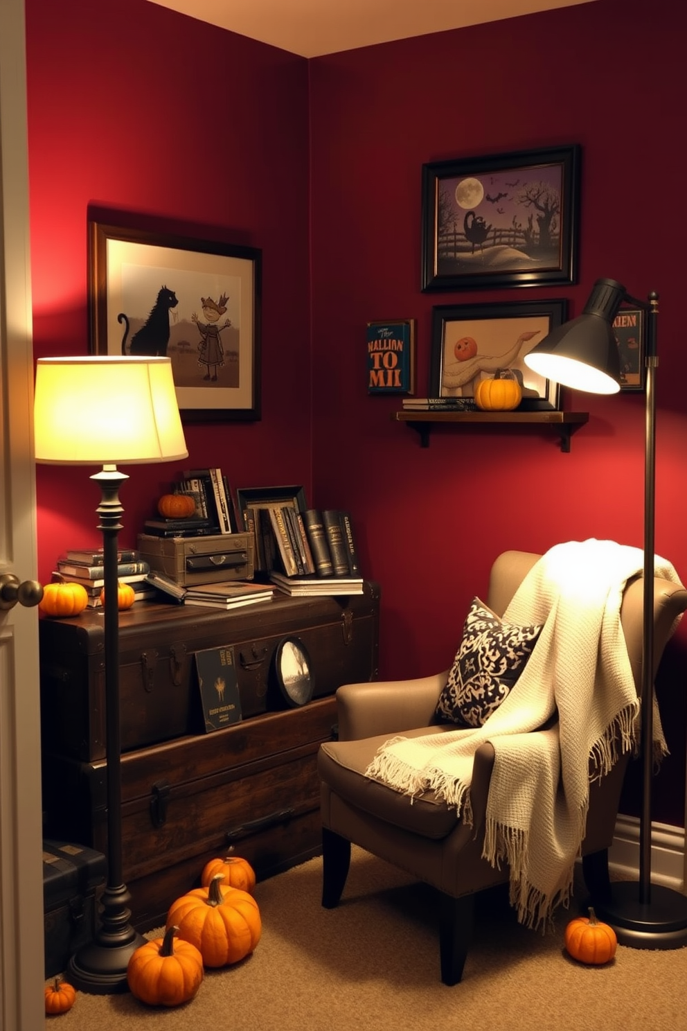 A cozy reading nook featuring vintage trunks used for both storage and decoration. The nook is adorned with a plush armchair, a soft throw blanket draped over one side, and a warm floor lamp illuminating the space. The walls are painted in a rich, deep color that enhances the vintage charm. Scattered around are Halloween-themed decorations, such as small pumpkins and spooky artwork, creating a festive yet inviting atmosphere.