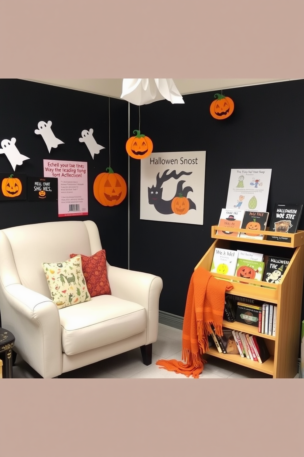 A cozy Halloween-themed reading nook filled with interactive book displays. The space is adorned with whimsical decorations like floating ghosts and jack-o'-lanterns, creating a festive atmosphere. Comfortable seating options include a plush armchair and a soft throw blanket in autumn colors. A small bookshelf showcases spooky stories and Halloween crafts, inviting readers to explore the themed collection.