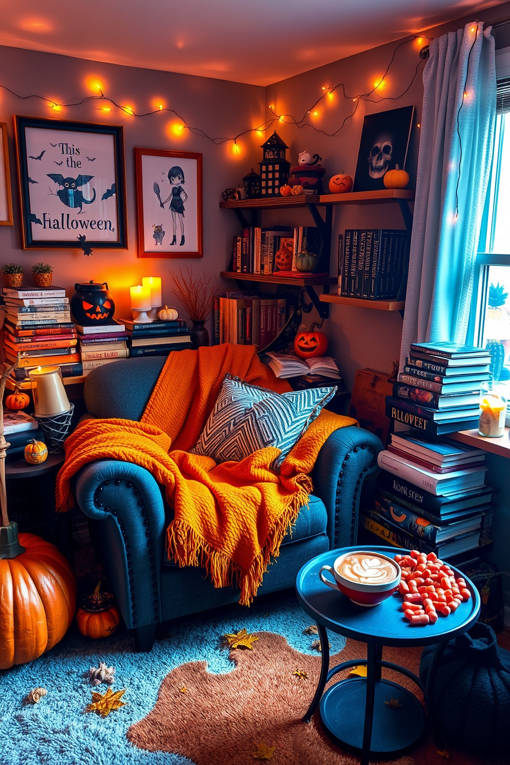 A cozy Halloween reading nook filled with autumnal decor. A plush armchair is draped with a warm orange throw, surrounded by stacks of spooky-themed books and flickering candles. The walls are adorned with whimsical Halloween artwork and soft fairy lights. A small table holds a pumpkin spice latte and a bowl of candy, inviting readers to settle in for a hauntingly good time.