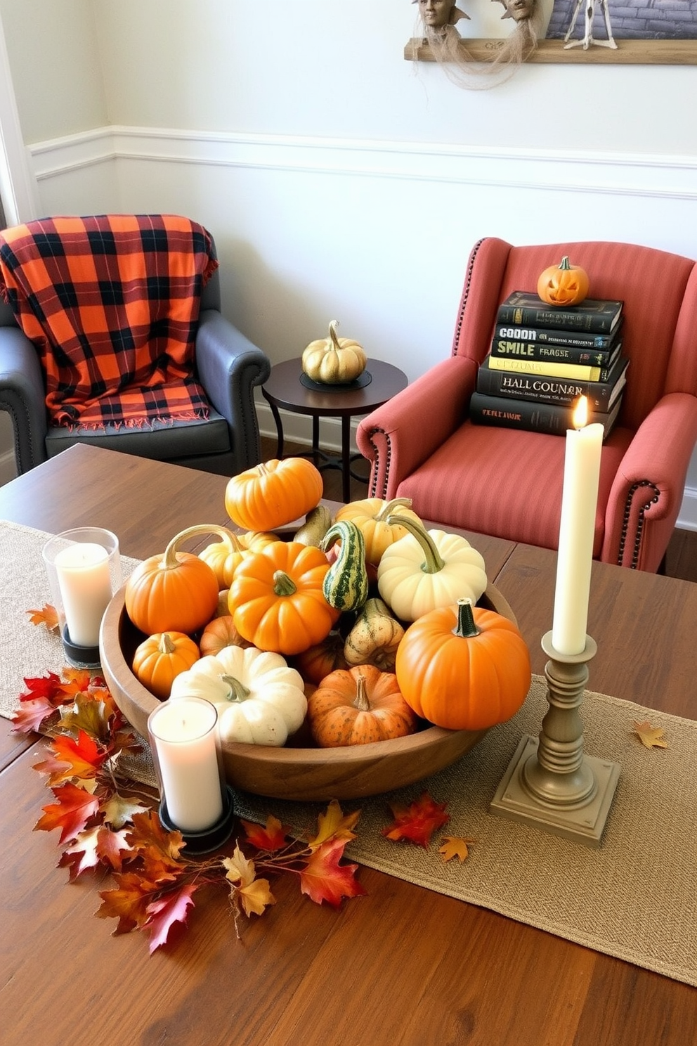 Charming gourd arrangements on tables. Various sizes and colors of gourds are artfully displayed in a rustic wooden bowl at the center of a farmhouse table, surrounded by flickering candles and autumn leaves. Halloween reading nook decorating ideas. A cozy armchair is draped with an orange and black plaid blanket, while a small side table holds a stack of spooky-themed books and a carved pumpkin, creating an inviting atmosphere for fall reading.