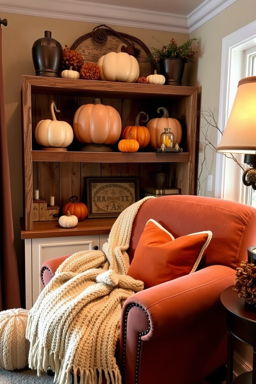 A cozy reading nook decorated for Halloween features rustic pumpkin accents displayed on wooden shelves. Soft, warm lighting creates an inviting atmosphere, while a plush armchair is nestled in the corner, draped with a knitted throw.