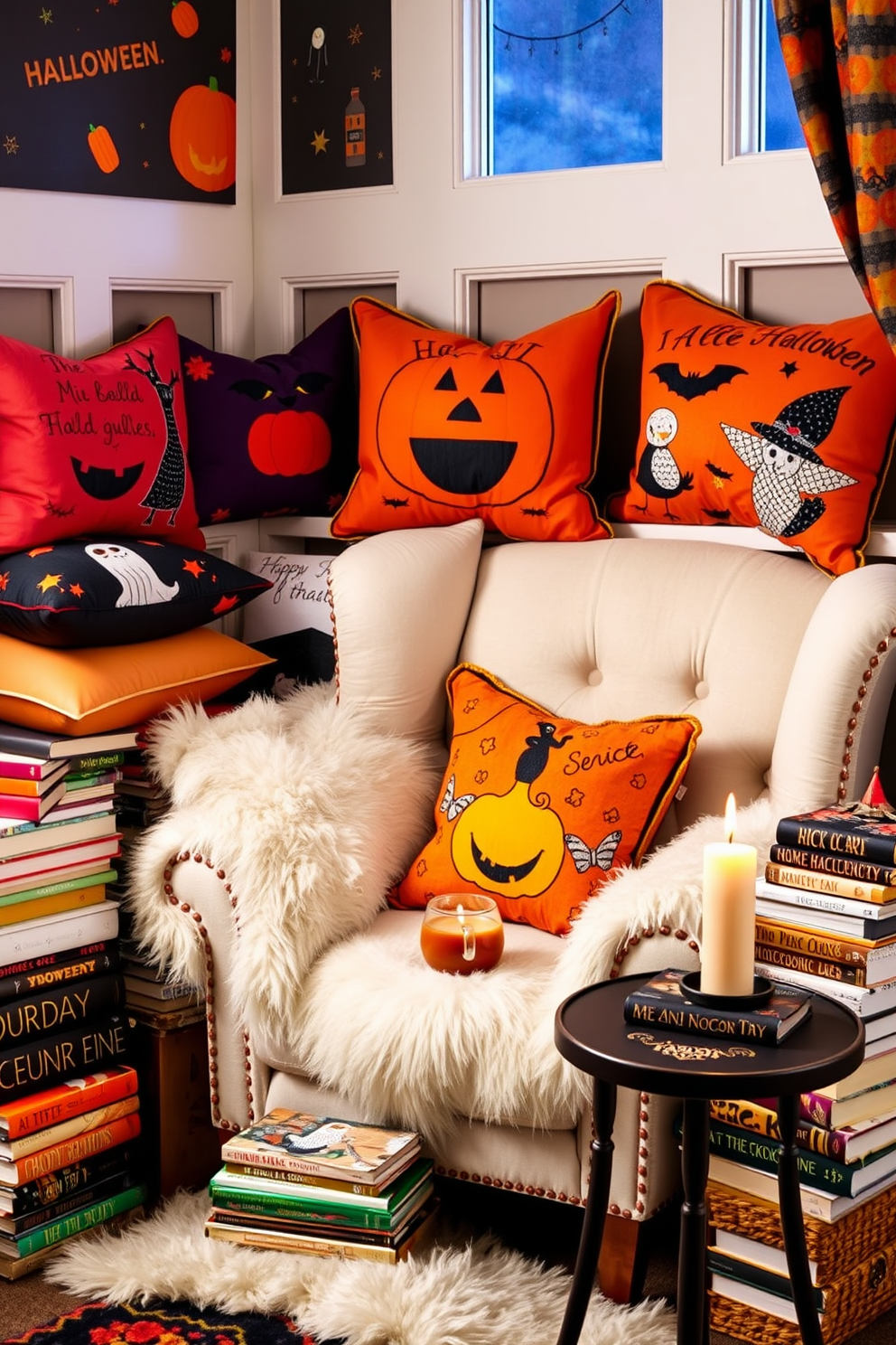 A cozy reading nook adorned with whimsical Halloween-themed cushions in vibrant colors and playful patterns. The nook features a plush armchair surrounded by stacks of spooky-themed books, with a small side table holding a steaming cup of cider and a flickering candle.