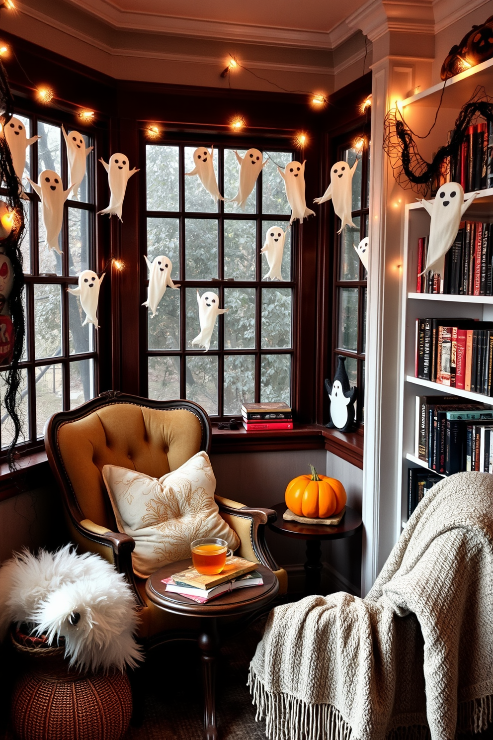 A cozy Halloween reading nook features ghostly garlands draped across the windows creating an eerie yet inviting atmosphere. The nook is adorned with plush cushions and a soft throw blanket, inviting readers to settle in with a spooky book. A vintage armchair sits in the corner, surrounded by shelves filled with Halloween-themed literature. A small side table holds a steaming cup of cider and a carved pumpkin, adding to the seasonal charm.