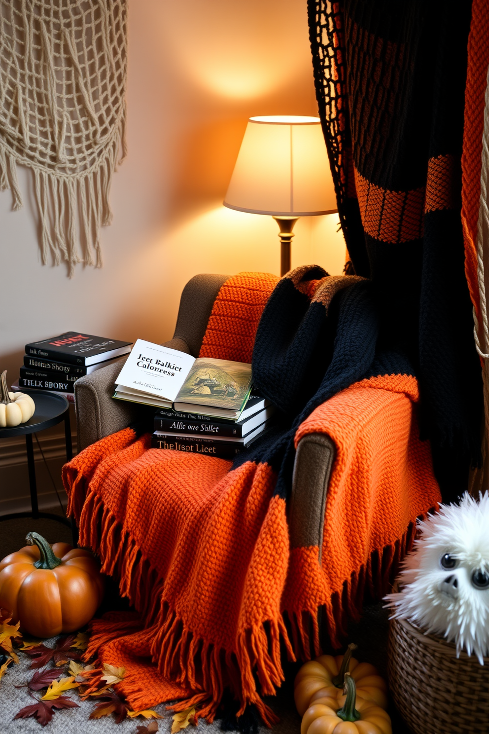 A cozy reading nook adorned with woven blankets in Halloween colors. The space features a plush armchair draped with a vibrant orange and black blanket, complemented by a small side table holding a stack of spooky-themed books. Soft, ambient lighting from a nearby lamp creates an inviting atmosphere. Decorative pumpkins and autumn leaves are scattered around, enhancing the seasonal charm of the reading corner.