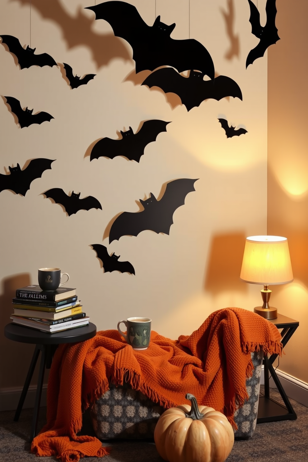 A cozy Halloween reading nook is created with a plush armchair draped in a soft orange throw blanket. The walls are adorned with spooky bat cutouts hanging from the ceiling, casting playful shadows in the warm light of a nearby lamp. A small side table holds a stack of seasonal books and a steaming cup of cider. A decorative pumpkin sits on the floor, adding a festive touch to the inviting atmosphere.