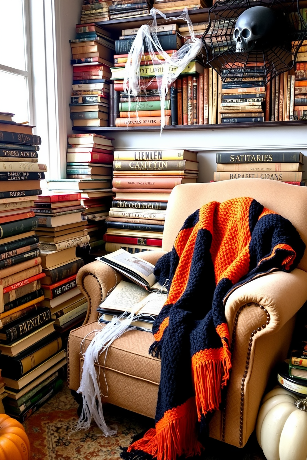 A cozy Halloween reading nook filled with vintage books stacked haphazardly, some covered in cobwebs. The space features a plush armchair draped with an orange and black throw blanket, inviting you to curl up with a spooky story.