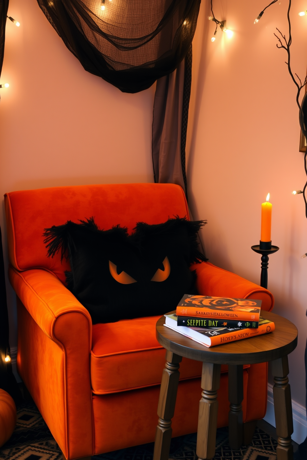 A cozy Halloween reading nook featuring a plush armchair upholstered in deep orange fabric. The armchair is adorned with black and orange throw pillows, creating a warm and inviting atmosphere. Next to the armchair, a small wooden side table holds a stack of Halloween-themed books and a flickering candle. The nook is surrounded by softly glowing string lights, enhancing the festive ambiance.