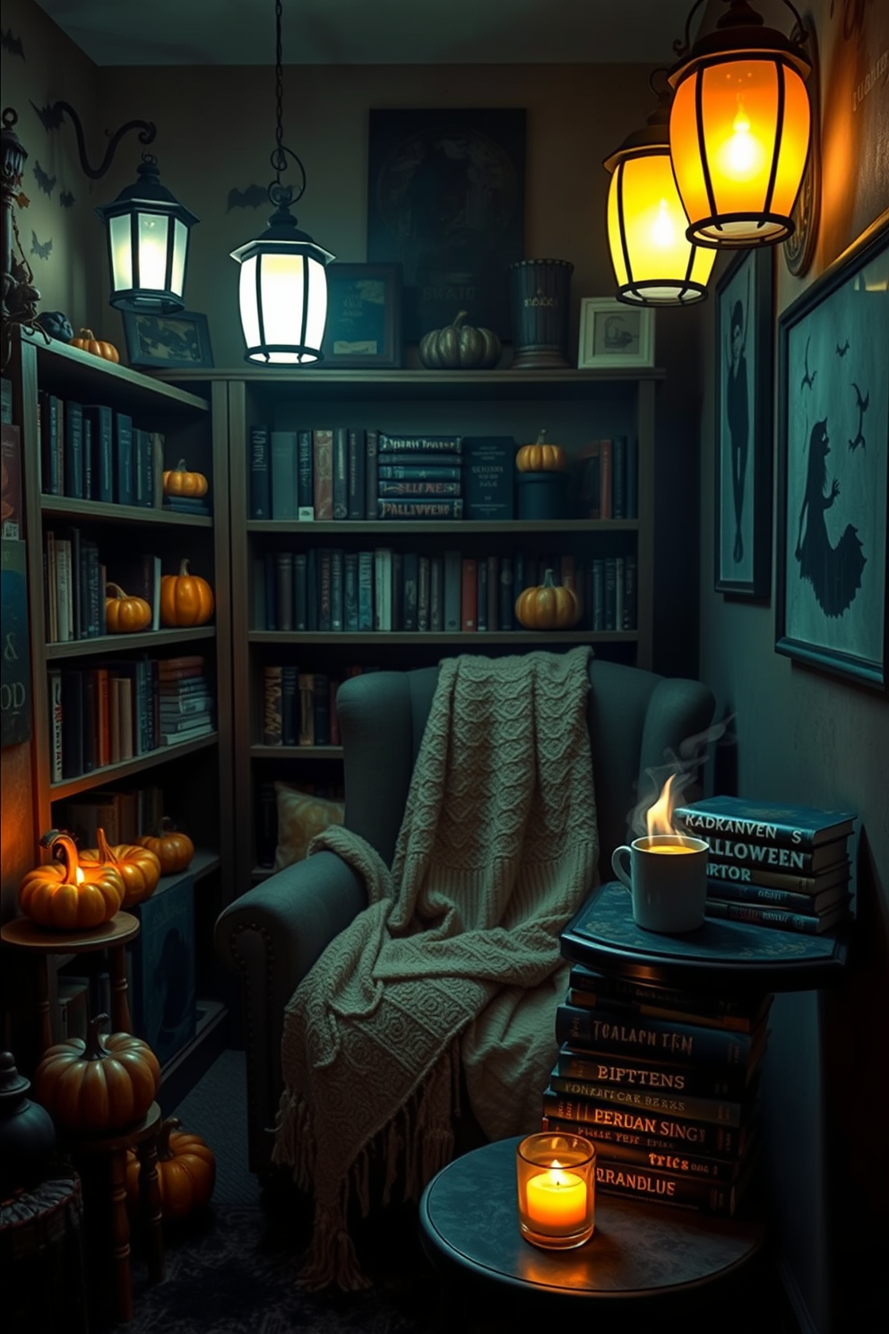 Eerie lanterns cast a soft glow in a cozy reading nook. The space features a plush armchair draped with a warm blanket, surrounded by shelves filled with spooky books and decorative pumpkins. A small side table holds a steaming cup of tea next to a stack of classic horror novels. The walls are adorned with dark, whimsical artwork, creating an inviting yet mysterious atmosphere perfect for Halloween reading.