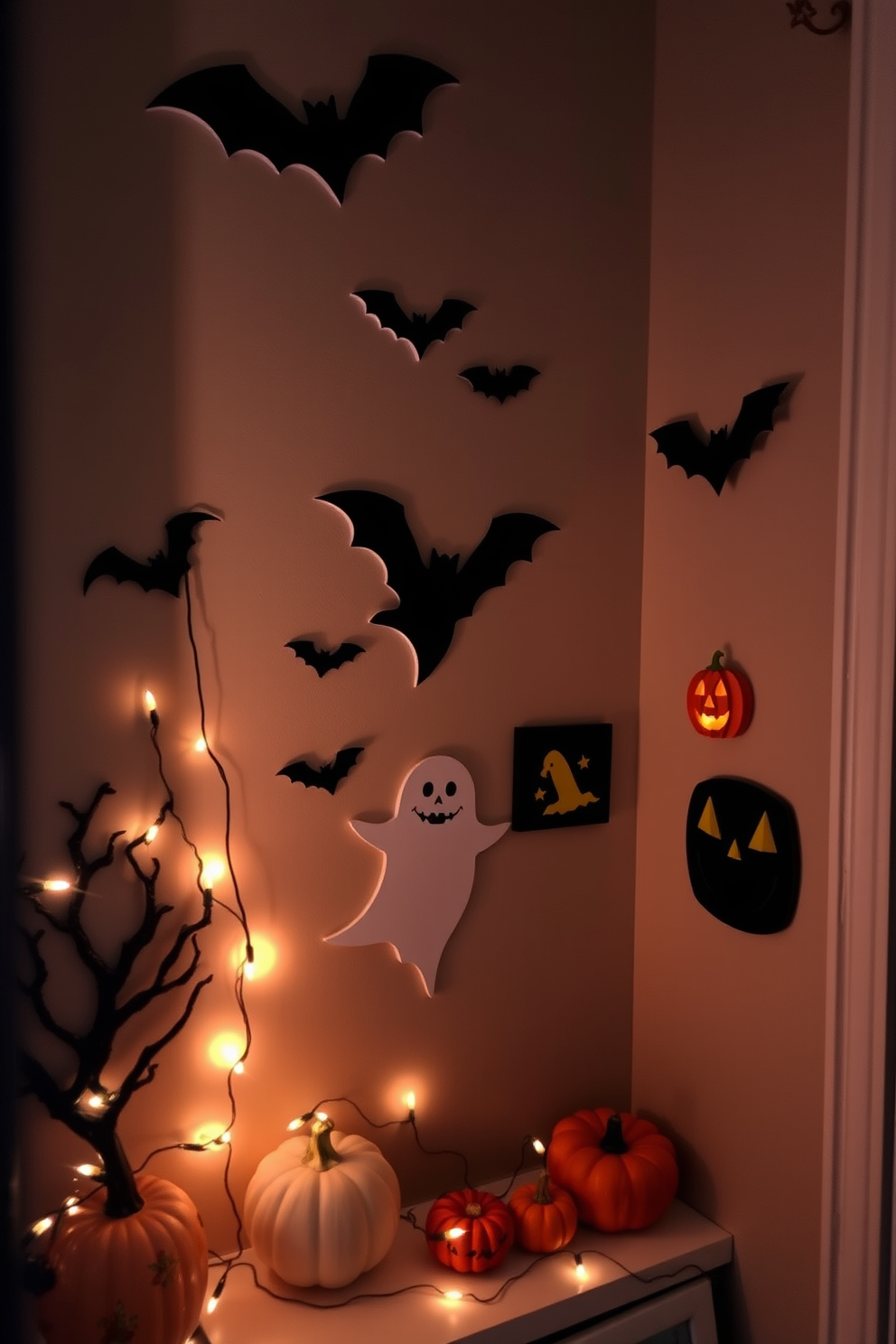 Spooky wall art featuring intricate paper cutouts creates an eerie yet artistic atmosphere perfect for Halloween. The designs include bats, ghosts, and jack-o'-lanterns, all strategically placed to enhance the ambiance of a small space. Incorporate these cutouts into a gallery wall arrangement, mixing them with seasonal decor like mini pumpkins and fairy lights. This approach not only maximizes vertical space but also adds depth and character to your Halloween decorating theme.