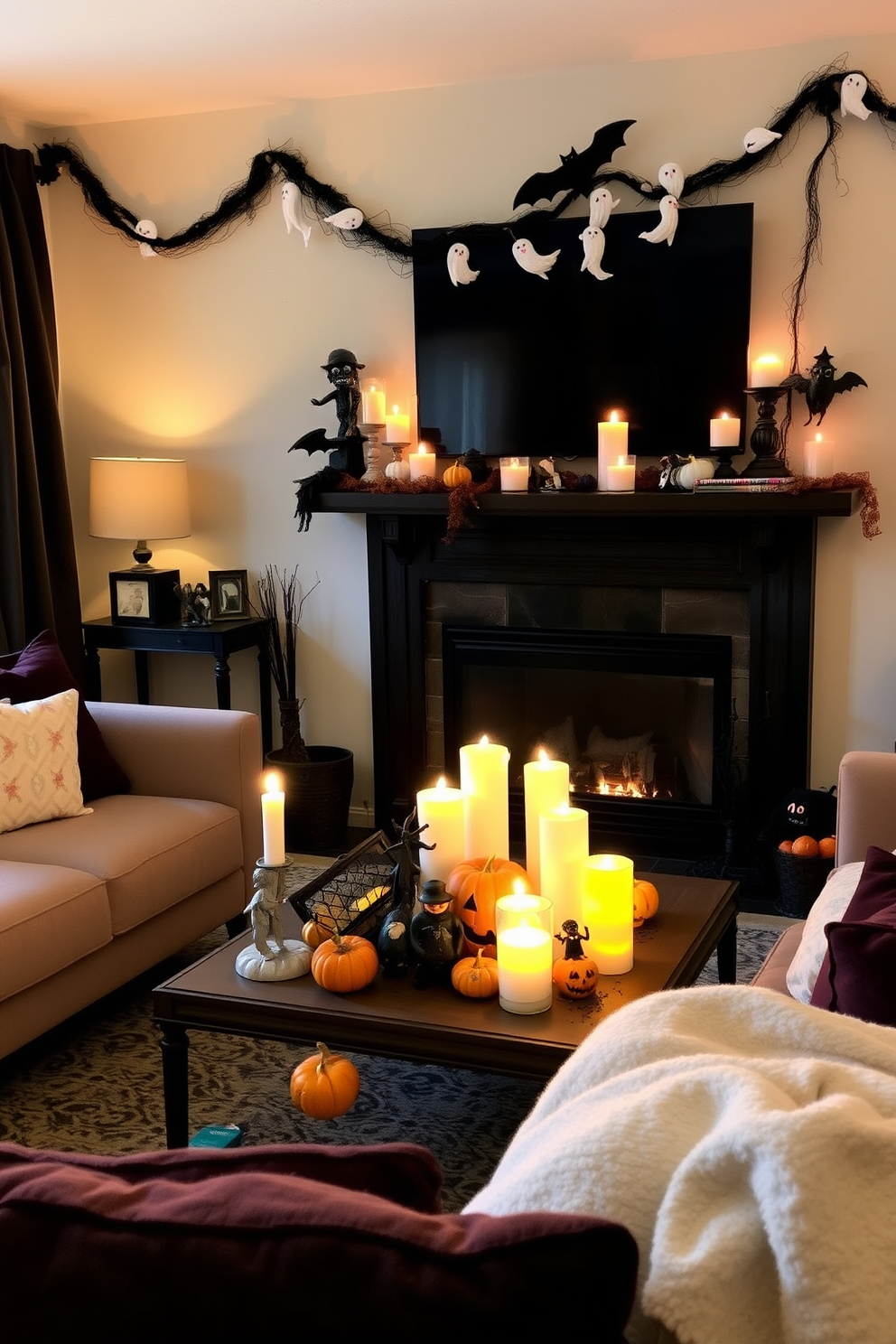 A cozy living room adorned with Halloween-themed candles casting a warm glow. The space features a small coffee table decorated with an assortment of pumpkins and spooky figurines. Soft, dark-hued throw pillows add a touch of comfort to the seating area. A whimsical garland of ghosts and bats hangs above the mantel, enhancing the festive atmosphere.