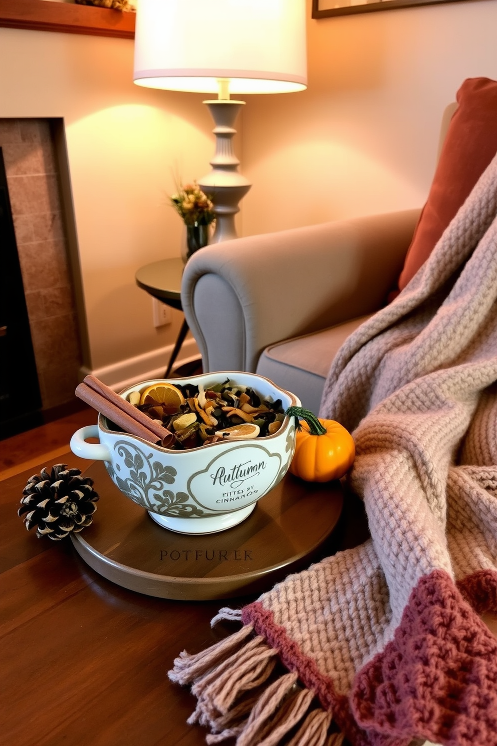 A cozy corner in a small living space adorned with autumn-themed decorations. A decorative bowl filled with potpourri featuring notes of cinnamon, clove, and dried orange slices sits on a wooden coffee table. A small pumpkin and a few pinecones are artfully arranged next to the bowl, enhancing the seasonal ambiance. Soft, warm lighting from a nearby lamp casts a gentle glow, highlighting the rich textures of a knitted throw blanket draped over a plush chair.