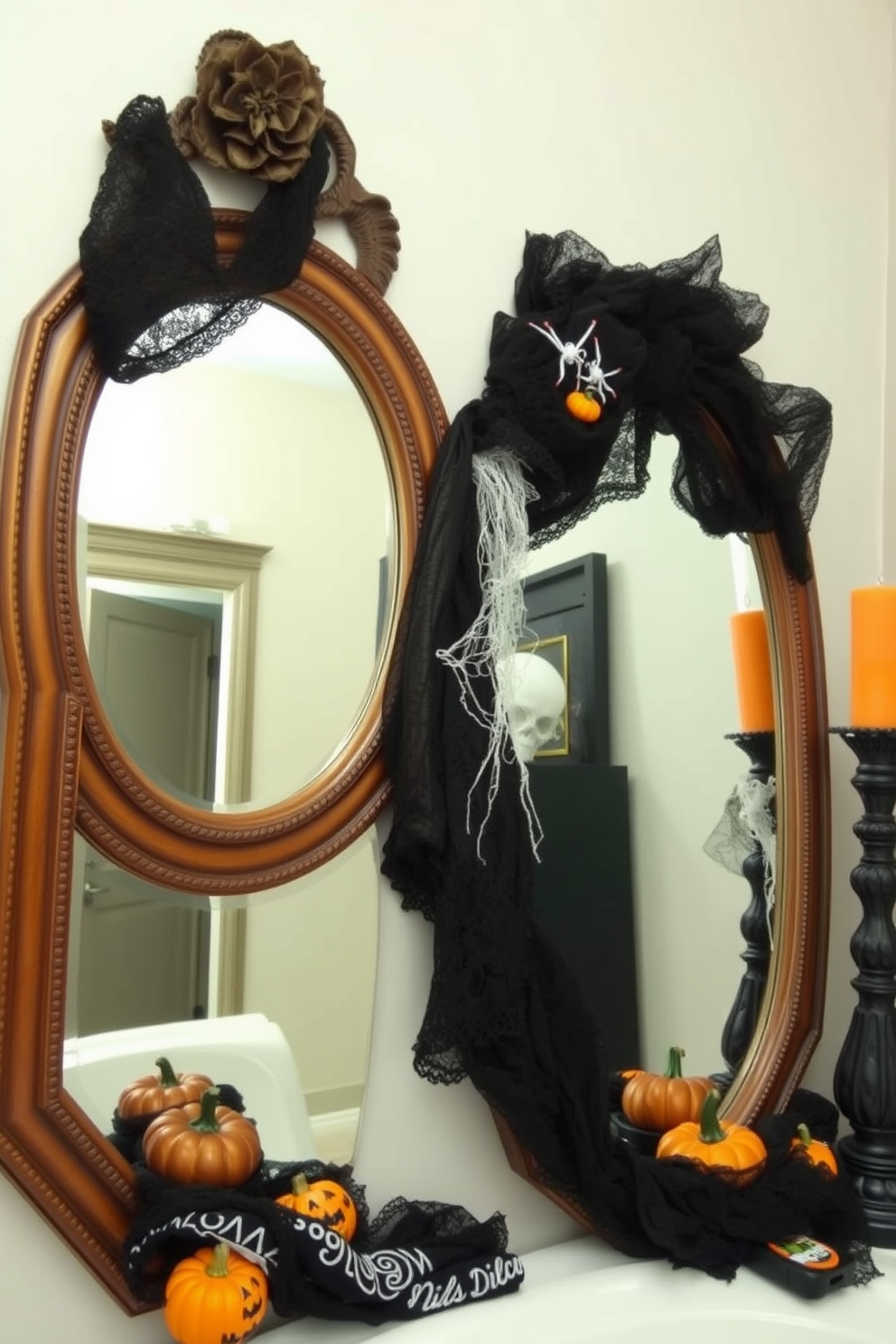 Decorate mirrors with spooky fabric for Halloween. Use dark, textured materials like velvet or lace to create an eerie atmosphere in your small space. Incorporate themed accessories such as cobwebs or small pumpkins around the mirrors. This will enhance the festive spirit while maintaining a stylish look in your decor.