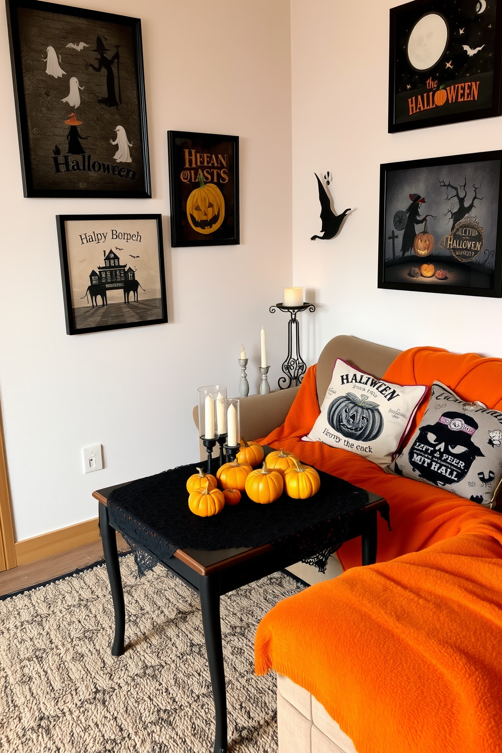 A cozy living room decorated for Halloween. The walls are adorned with spooky Halloween prints, featuring ghosts, pumpkins, and witches, creating a festive atmosphere. A small coffee table is topped with a black lace tablecloth, and a collection of miniature pumpkins and candles in varying heights are arranged artfully. The sofa is draped with a soft orange throw blanket, and decorative pillows with Halloween motifs add a touch of seasonal charm.