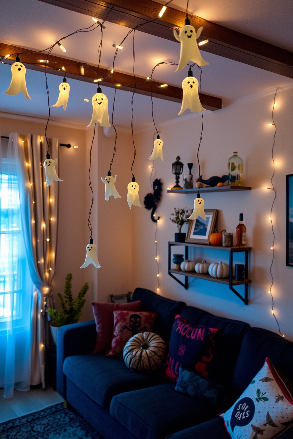 A cozy living room adorned with string fairy lights creates a warm and inviting atmosphere. Ghost decorations hang playfully from the ceiling, adding a whimsical touch to the Halloween decor. In a small space, utilize shelves to display seasonal decorations while keeping the floor area clear. Incorporate a few pumpkins and autumn-themed cushions to enhance the festive vibe without overwhelming the room.