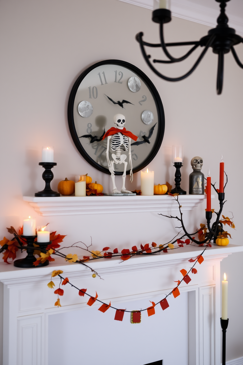 A whimsical Halloween-themed decor setup featuring a skeleton figurine prominently displayed on a stylish mantel. The mantel is adorned with autumn leaves, small pumpkins, and flickering candle holders to create a festive yet cozy atmosphere. In a small living space, use minimalistic decor to keep the area feeling open and inviting. Incorporate clever storage solutions and layered lighting to enhance the ambiance while showcasing seasonal decorations.