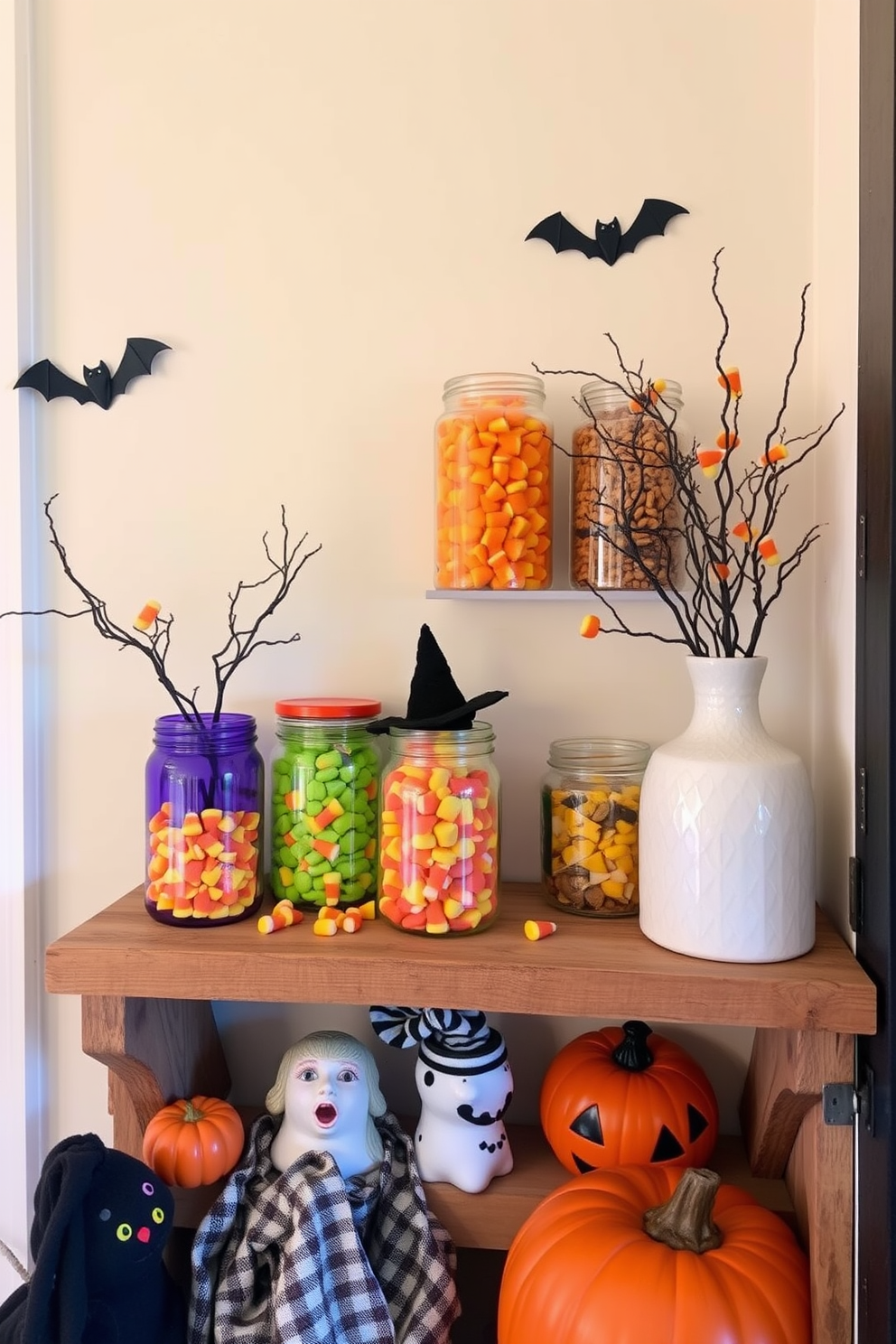 A charming small space decorated for Halloween. Colorful jars filled with candy corn and assorted treats are arranged on a rustic wooden shelf, creating a festive atmosphere.